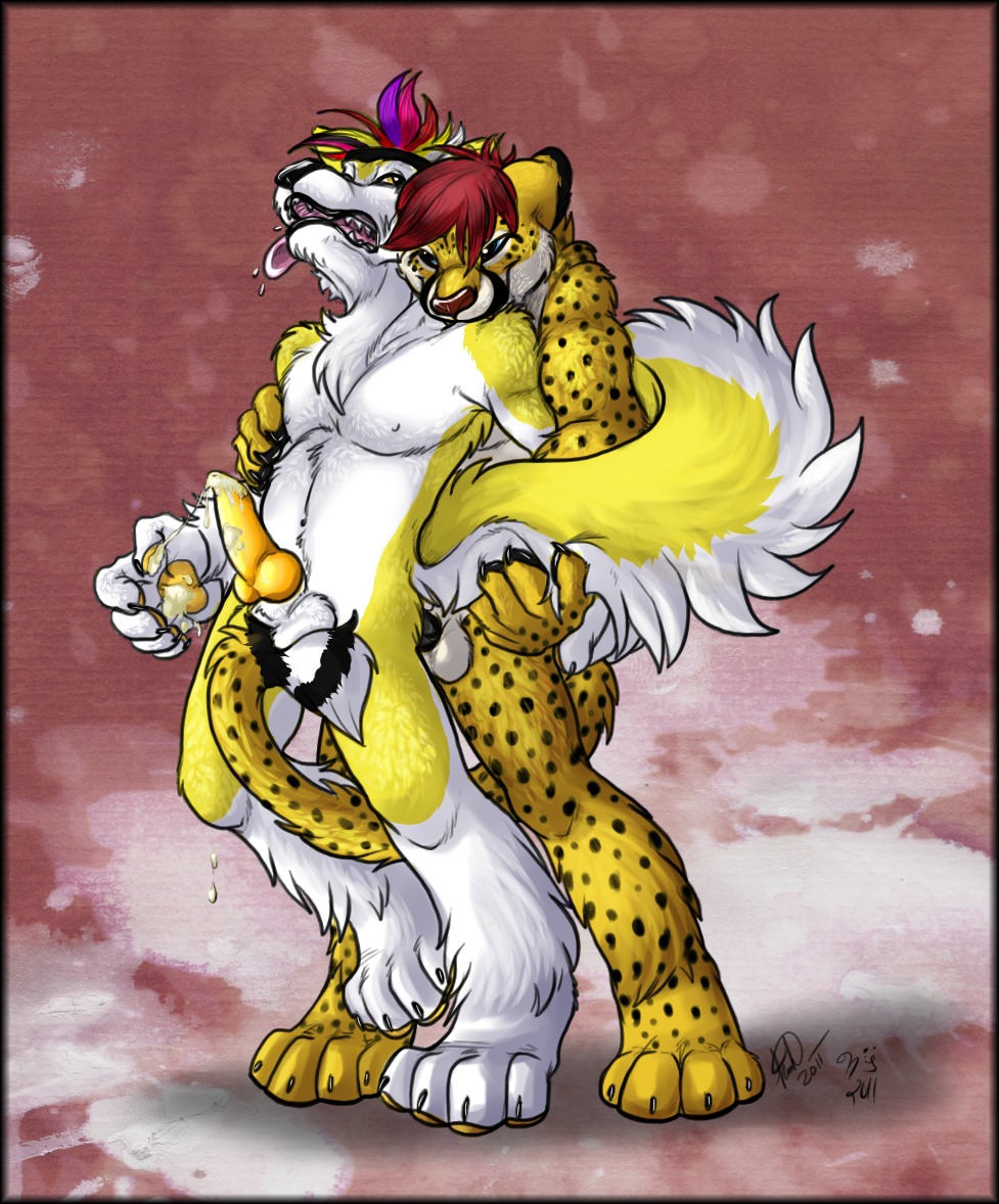 2011 anal anal_penetration anthro ball_fondling balls bite black_border bodily_fluids border canid canine canis cum duo e621 erection felid fluffy fluffy_tail fondling from_behind_position fur genital_fluids genitals knot kwik_(artist) male male/male male_penetrated male_penetrating male_penetrating_male mammal nude penetration penis recca sex tail wolf yellow_body yellow_fur