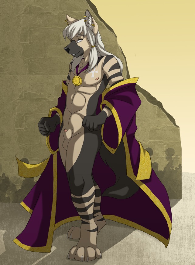 animal_genitalia anthro athletic athletic_anthro athletic_male balls brown_hyena casual_exposure clothed clothing digital_media_(artwork) digitigrade e621 ear_piercing fur genitals hyena jailbird jewelry looking_at_viewer male mammal necklace open_clothing open_robe osiris_(hyenafur) partially_clothed penis penis_tip piercing robe shaded sheath solo tail
