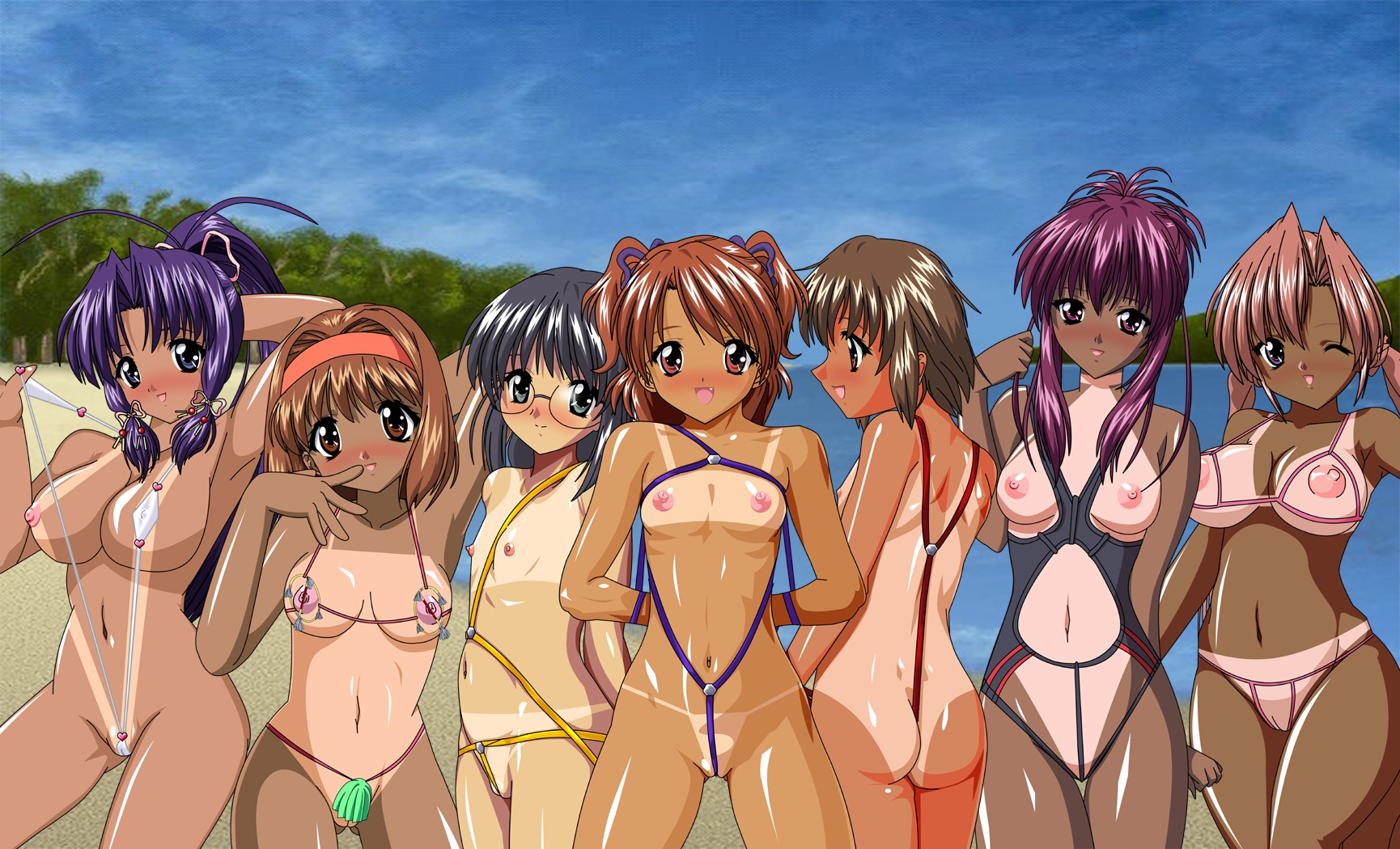 6+girls 7girls ass between_labia big_breasts blush breasts cameltoe chikage_(sister_princess) dark_skin female flat_chest functionally_nude glasses haruka_(sister_princess) highres kaho_(sister_princess) large_breasts lineup mamoru_(sister_princess) marie_(sister_princess) multiple_females multiple_girls nipples pussy rule34 sakuya_(sister_princess) sister_princess smile swimsuit take_your_pick tanline uncensored wink yosio yotsuba_(sister_princess)