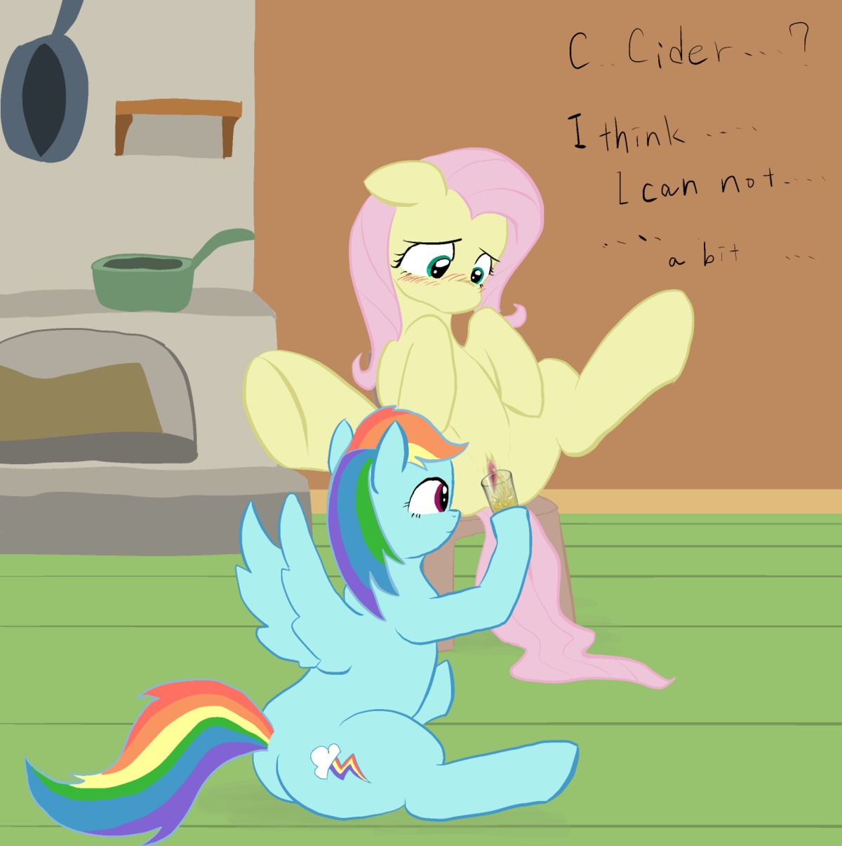 blue_body blue_feathers blue_fur blush bodily_fluids cutie_mark duo e621 english_text equid equine feathered_wings feathers female feral fluttershy_(mlp) friendship_is_magic fur genital_fluids genitals glass hair hasbro hi_res mammal multicolored_hair multicolored_tail my_little_pony mythological_creature mythological_equine mythology peeing peeing_into_container peeing_into_cup pegasus rainbow_dash_(mlp) rainbow_hair rainbow_tail seidouryu tail text urine urine_in_cup vulva watersports wings yellow_body yellow_feathers
