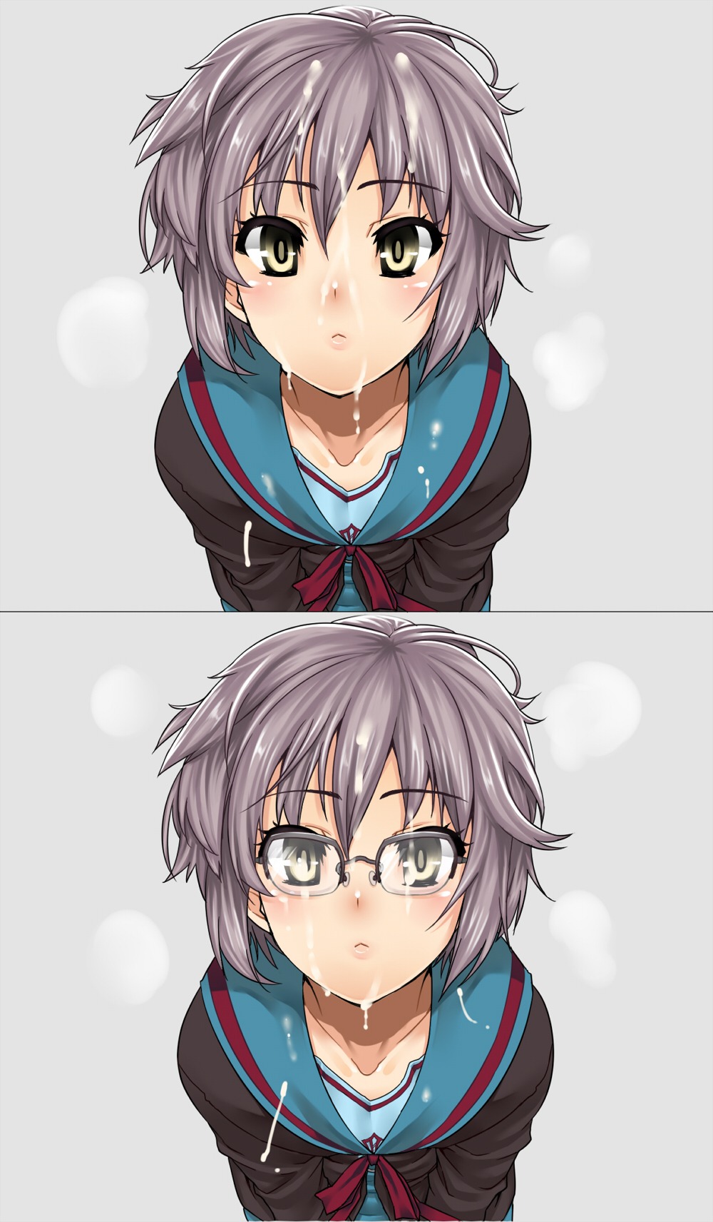 blush clothing collarbone cum cum_on_clothes cum_on_hair face facial female glasses highres lappuru leaning_forward messy_hair nagato_yuki purple_hair rule34 school_uniform serafuku short_hair simple_background suzumiya_haruhi_no_yuuutsu yellow_eyes