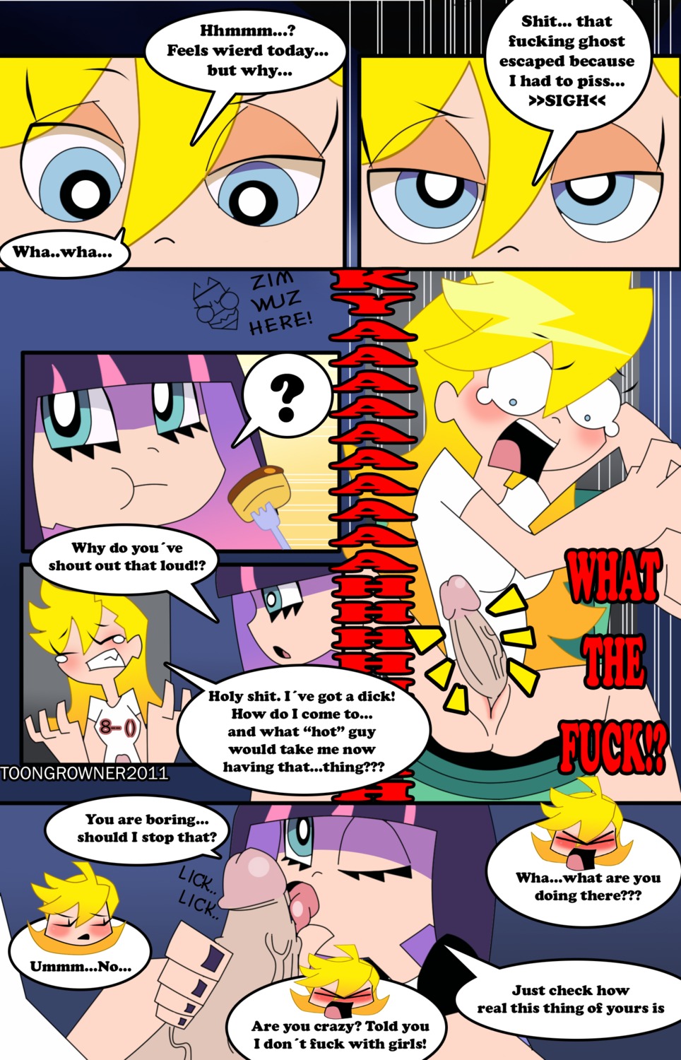 1futa 1girls big_penis blonde_hair bottomless breasts comic female futa_on_female futa_sans_balls futanari incest intersex licking_penis long_penis mostly_nude panty_&amp;_stocking_with_garterbelt panty_anarchy penis rule34 shocked siblings sisters smooth_skin speech_bubble stocking_anarchy surprised toongrowner