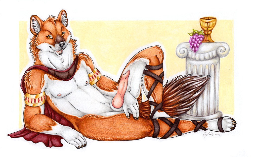 animal_genitalia animal_penis canid canine canine_genitalia canine_penis cayleth dhole e621 erection eurofurence food fruit genitals grape inviting lying male mammal penis plant roman simple_background solo tail yellow_eyes