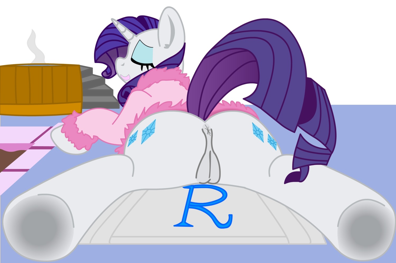 anus blue_eyeshadow cutie_mark e621 equid equine eyeshadow female feral friendship_is_magic fur genitals haiku_oezu hasbro hi_res horn makeup mammal my_little_pony mythological_creature mythological_equine mythology rarity_(mlp) solo tail unicorn vulva white_body white_fur