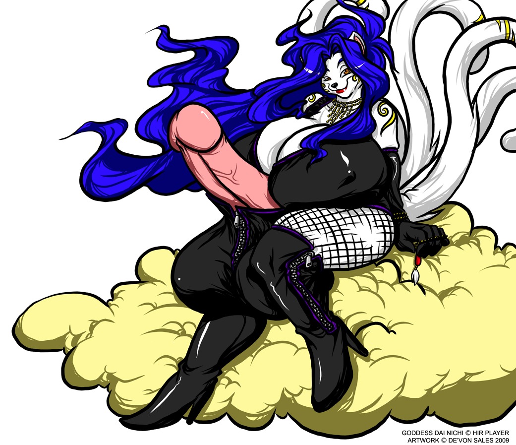 2009 anthro balls big_balls big_breasts big_penis biped blue_hair breasts brown_eyes clothing cloud dainichi deity deonwolf domestic_cat e621 erection felid feline felis genitals gynomorph hair huge_balls huge_breasts huge_penis hyper hyper_balls hyper_genitalia hyper_penis intersex long_hair mammal multi_tail penis simple_background solo tail white_background