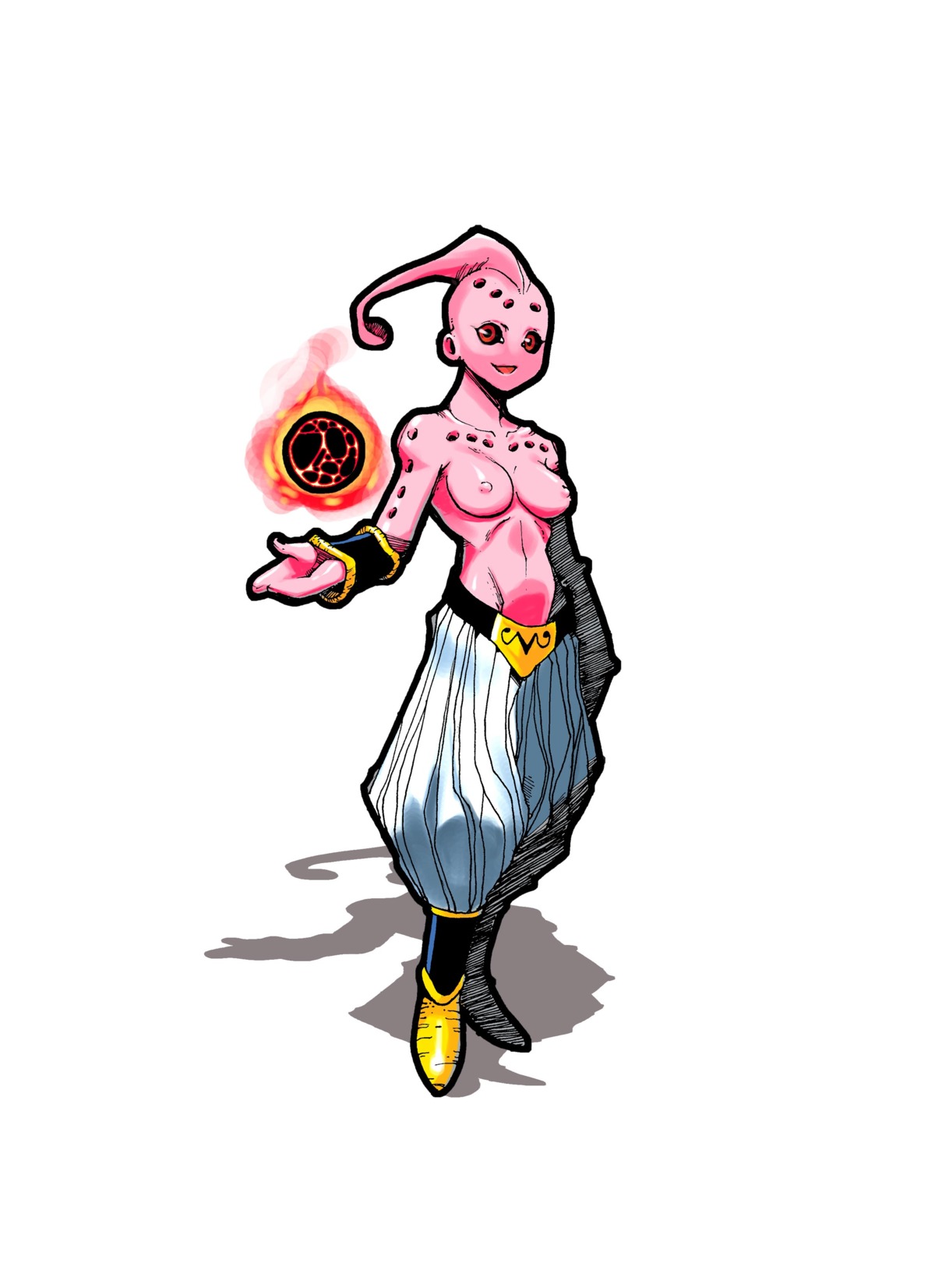 1girls black_sclera bracelet breasts clothes color dragon_ball dragon_ball_z female female_majin_buu female_only flying footwear genderswap humanoid looking_at_viewer majin majin_buu nipples open_eyes open_mouth pants pink_skin red_eyes round_ears rule34 rule_63 shoes smooth_skin solo topless uncensored white_background