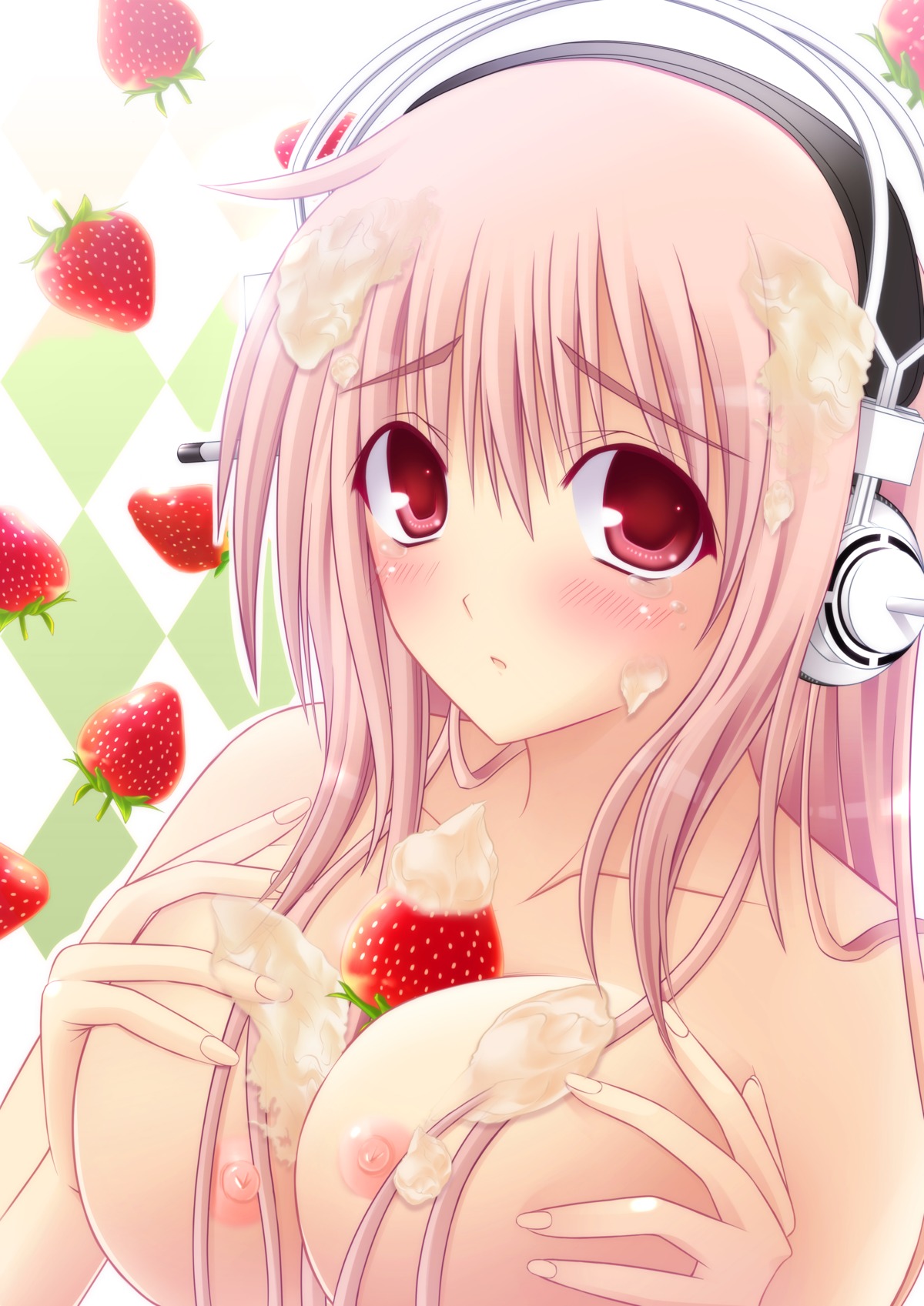 1girls between_breasts blush breast_hold breasts cream female food food_between_breasts headphones long_hair looking_at_viewer matsumoto_wakaba nipples nitroplus pink_eyes pink_hair rule34 sexually_suggestive solo strawberry super_sonico tears topless