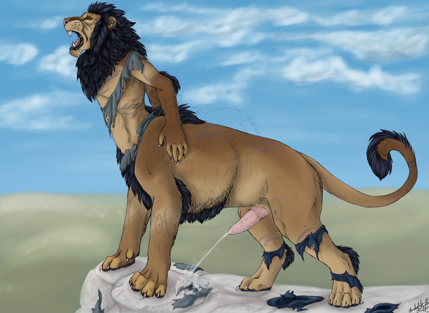 after_transformation animal_genitalia animal_penis black_hair bodily_fluids body_hair brown_body brown_fur claws cliff clothing cloud cum cum_on_ground cumshot digitigrade e621 ejaculation erection eyes_closed fangs felid felid_taur feline_genitalia feline_penis fur genital_fluids genitals hair hands-free hi_res krimzen_redwing lion lion_taur male male_taur mammal mammal_taur nude open_mouth orgasm_from_transformation outside pantherine pantherine_taur penile_spines penis pink_penis roaring sharp_teeth sky solo spontaneous_ejaculation taur teeth tongue torn_clothing transformation watermark