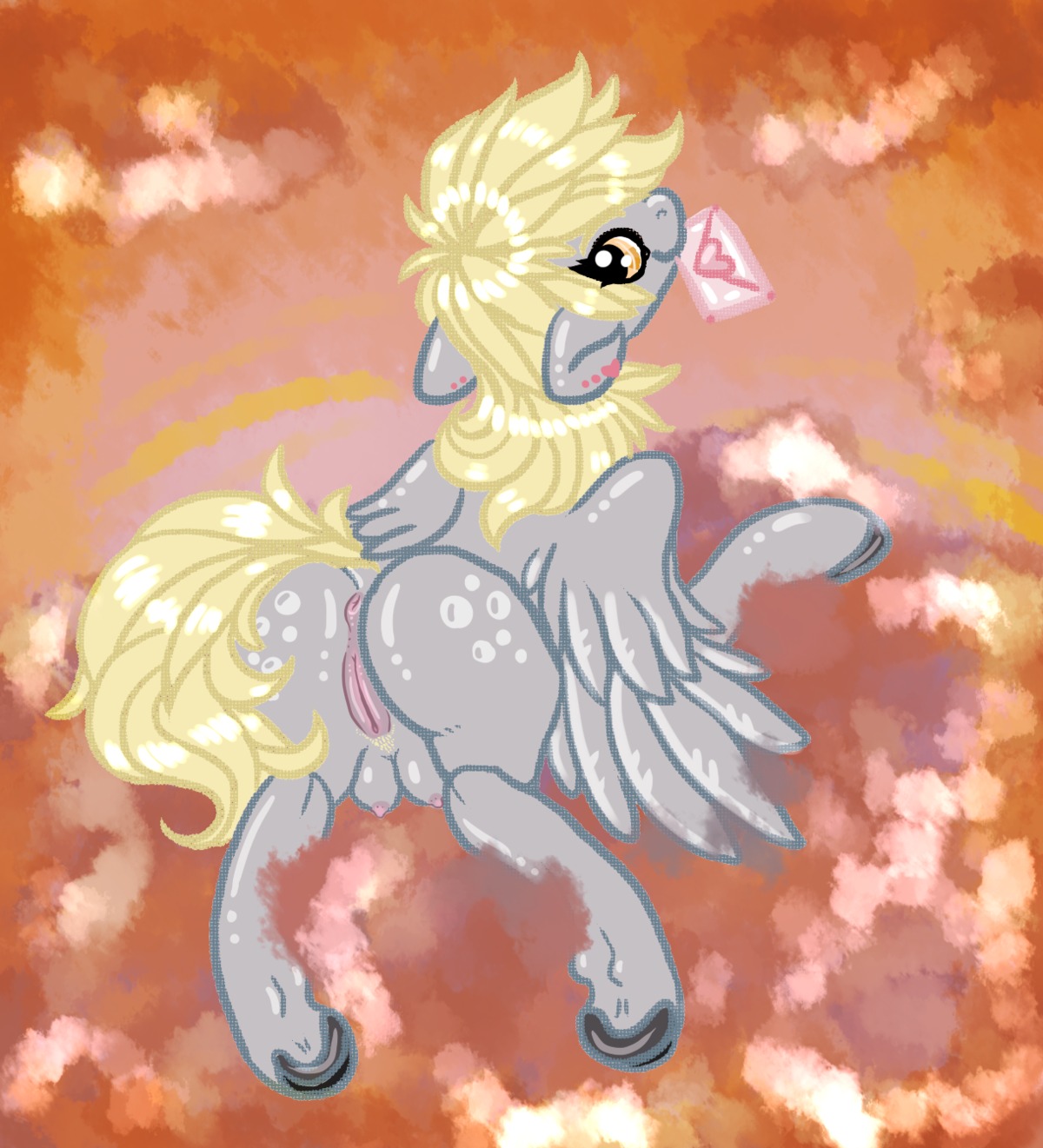 2013 amber_eyes anus blonde_hair coppahhead cutie_mark derpy_hooves_(mlp) digital_media_(artwork) e621 ear_piercing equid equine feathered_wings feathers female feral friendship_is_magic fur genitals grey_body grey_feathers grey_fur hair hasbro hi_res letter mammal mouth_hold my_little_pony mythological_creature mythological_equine mythology nipples pegasus piercing pubes shaded solo teats vulva wings