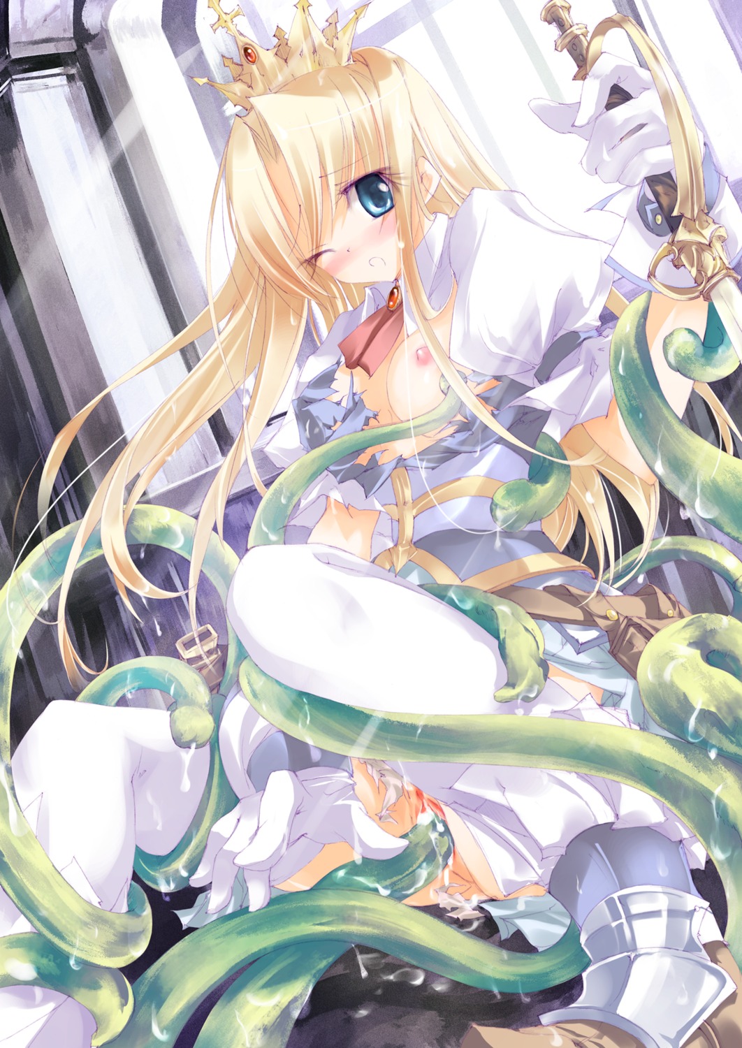 armor belt blonde_hair blue_eyes blush bodily_fluids breasts clitoris clothing coiling crown cum cum_in_vagina cum_inside cum_on_clothing cum_on_leg e621 female genital_fluids genitals gloves hair handwear headgear hi_res human jewelry long_hair mammal melee_weapon messy necklace nipples not_furry penetration penis_tentacles scabbard sex solo spread_legs spreading sword tentacle_sex tentacles torn_clothing unknown_artist vaginal vaginal_penetration vulva weapon wet window