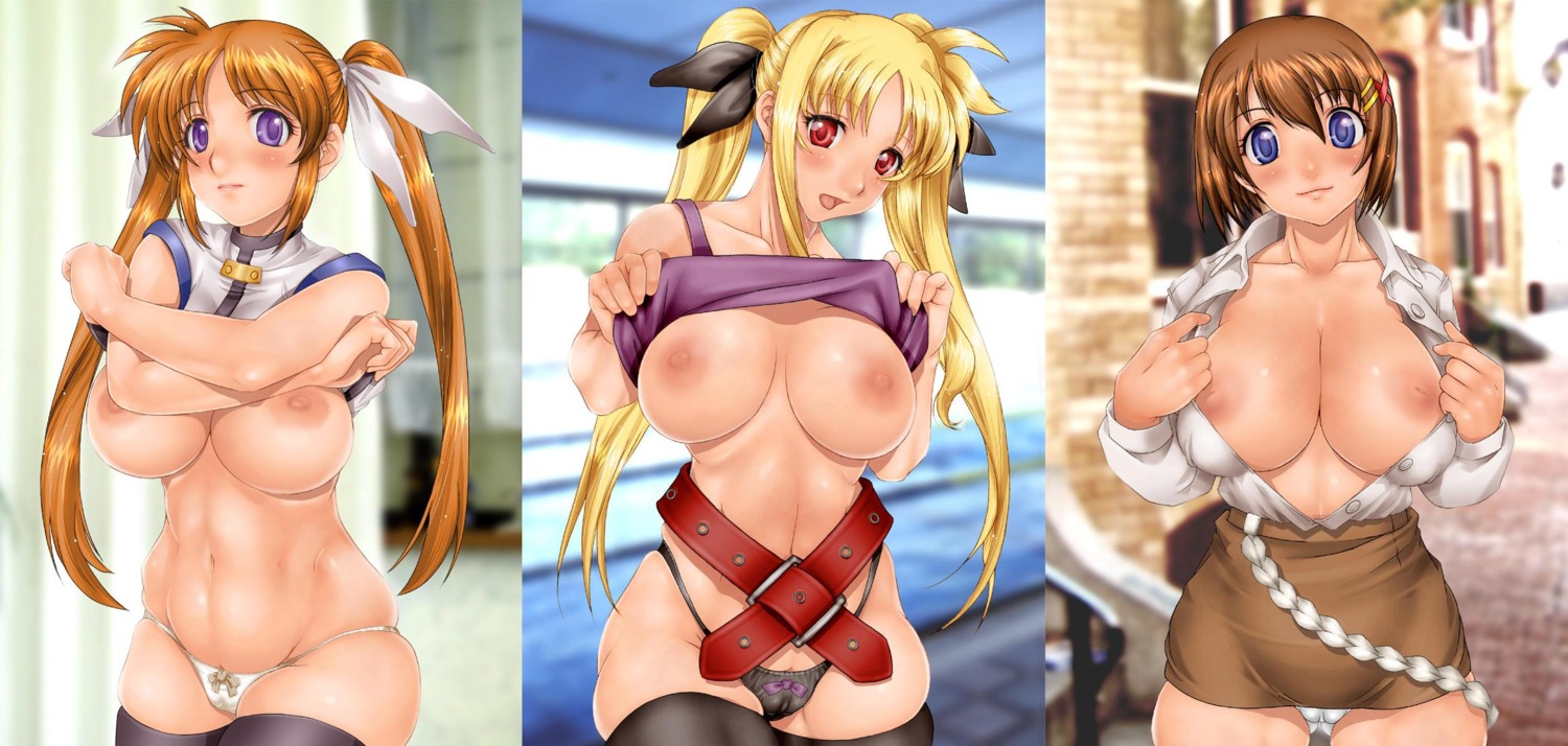 3girls areola_slip areolae blonde_hair blue_eyes breasts fate_testarossa female hayate_yagami highres huge_breasts human lyrical_nanoha mahou_shoujo_lyrical_nanoha multiple_females multiple_girls nipples rule34 sakuradou takamachi_nanoha thighhighs topless wallpaper