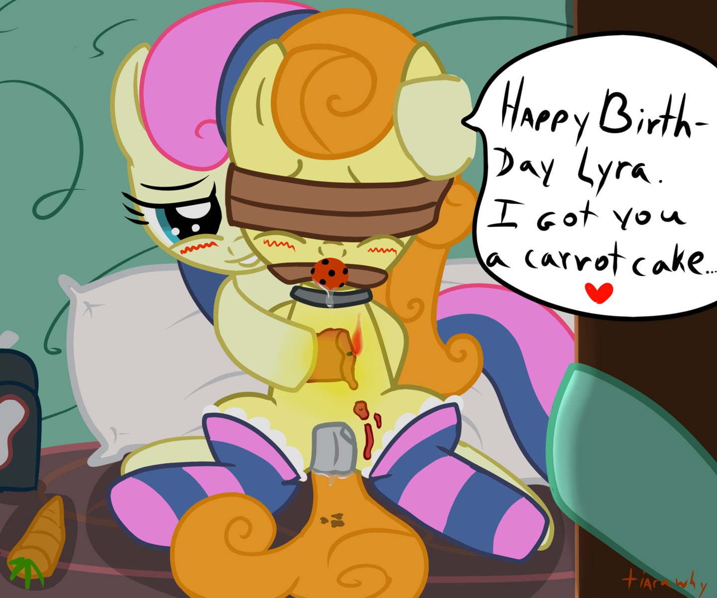 2012 6:5 ball_gag blindfold blush bodily_fluids bonbon_(mlp) butt candle carrot_top_(mlp) clothing dialogue duo e621 earth_pony ejaculation english_text equid equine female female/female feral footwear friendship_is_magic gag gagged genital_fluids genitals hair hasbro heart_symbol hi_res horse intraspecies legwear long_hair looking_at_viewer lyra_heartstrings_(mlp) mammal my_little_pony nude orgasm pattern_clothing pattern_footwear pattern_legwear pattern_socks pony sex socks spread_legs spreading striped_clothing striped_footwear striped_legwear striped_socks stripes tail tape text tiarawhy vaginal_fluids vaginal_squirting vulva