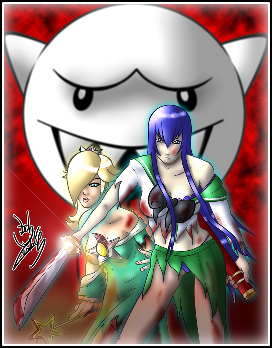 2girls boo_(mario) breasts crossover female highschool_of_the_dead human mario_(series) multiple_females multiple_girls nintendo nipples one_breast_out princess_rosalina rule34 saeko_busujima squarepants666 tagme traditional_media_(artwork)