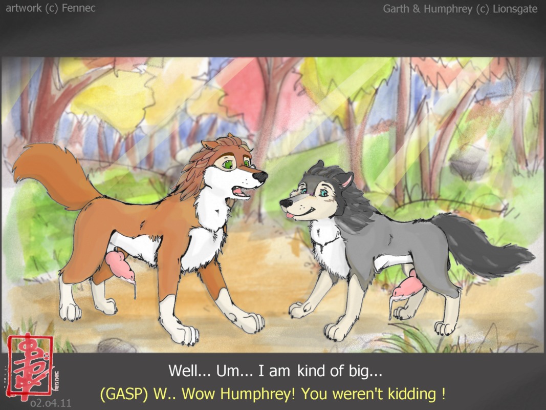 alpha_and_omega anatomically_correct animal_genitalia animal_penis bodily_fluids canid canine canine_genitalia canine_penis canis comic comparing crest_animation_studios cum dialogue duo e621 english_text erection fennec_(artist) feral garth_(alpha_and_omega) genital_fluids genitals humphrey_(alpha_and_omega) knot lionsgate male male/male mammal penis quadruped tail text wolf