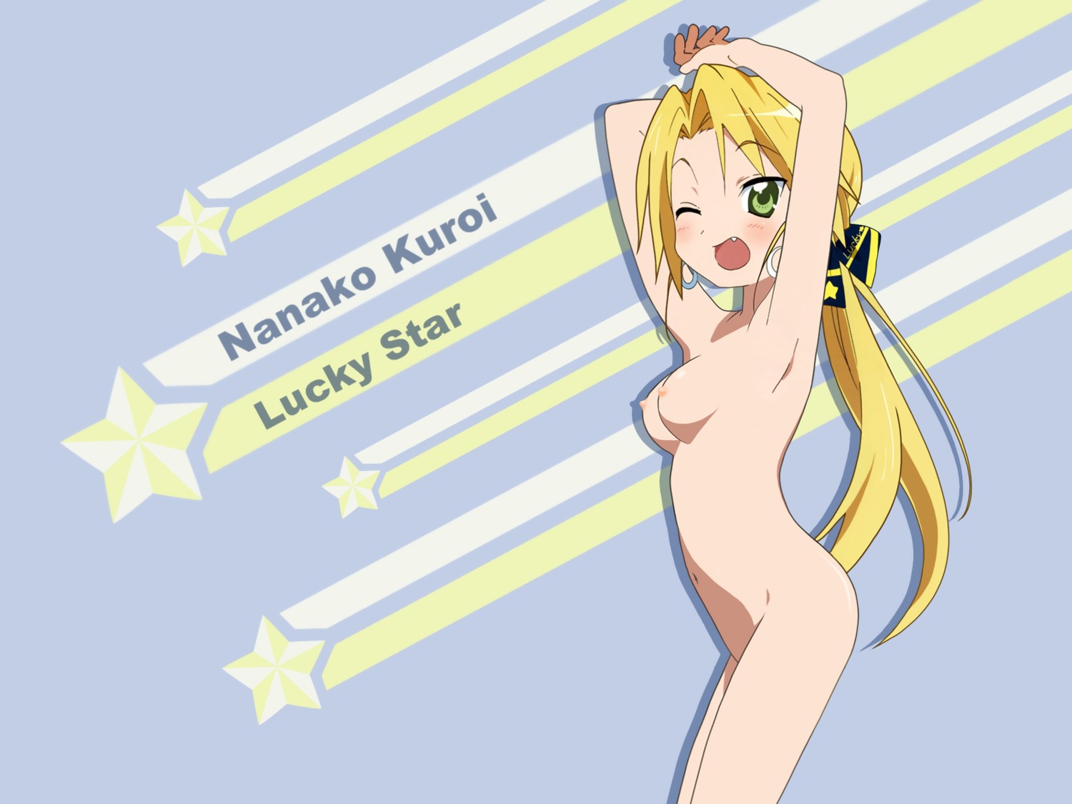 1girls blonde_hair completely_nude female female_only green_eyes hands_on_head human lucky_star nanako_kuroi nude one_eye_closed ponytail rule34 solo tagme