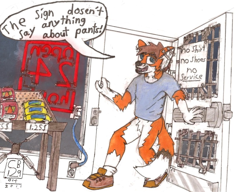 anthro bottomless canine cb129 door fox furry legal_loophole male nude rule34 sign spelling_error store