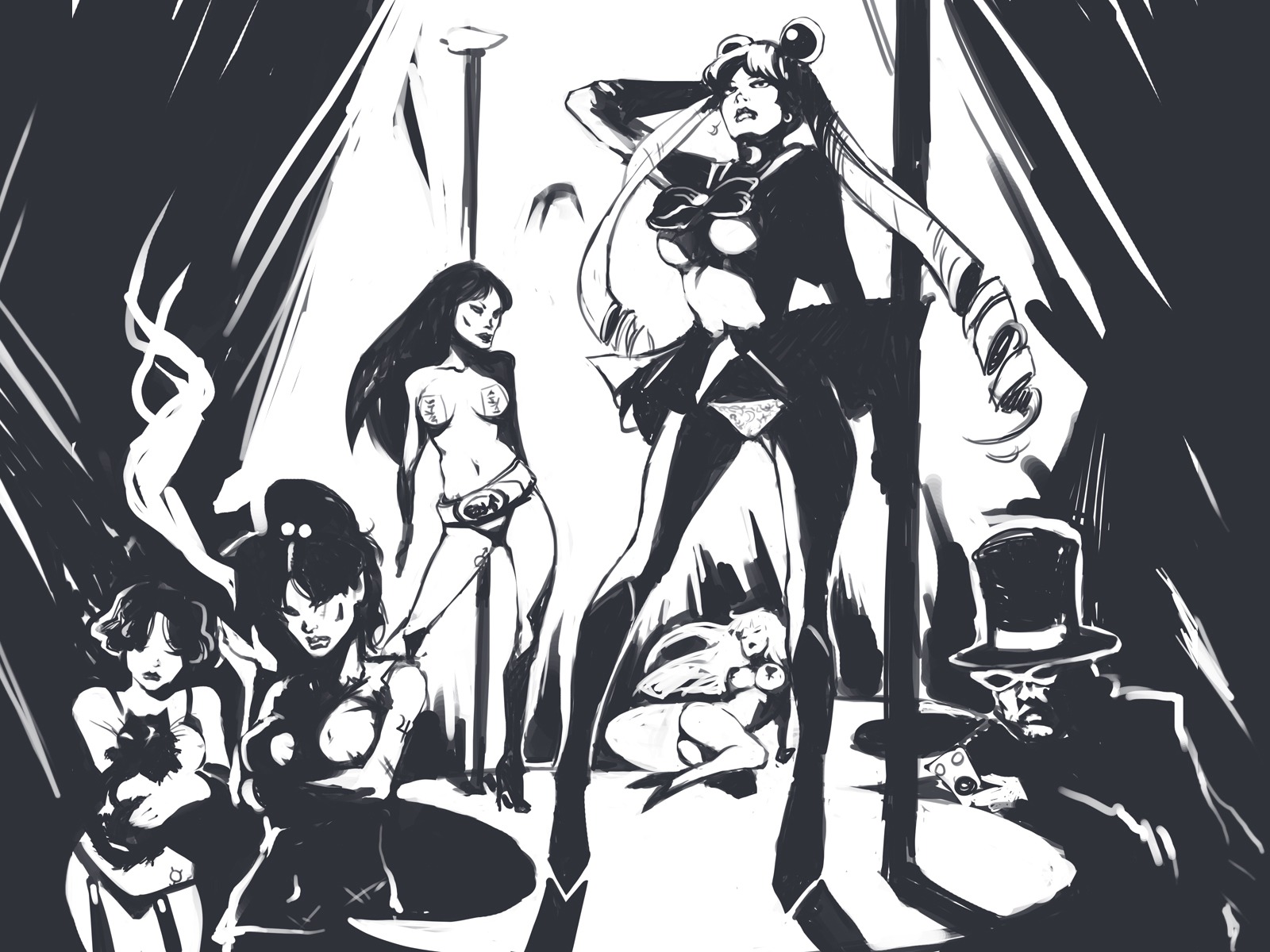 ami_mizuno artist_request bishoujo_senshi_sailor_moon breasts clothing female hat human indoors makoto_kino male mamoru_chiba medium_breasts minako_aino monochrome multiple_females multiple_girls panties rei_hino rule34 sailor_moon skirt small_breasts smooth_skin standing stripper_pole top_hat tuxedo_mask usagi_tsukino