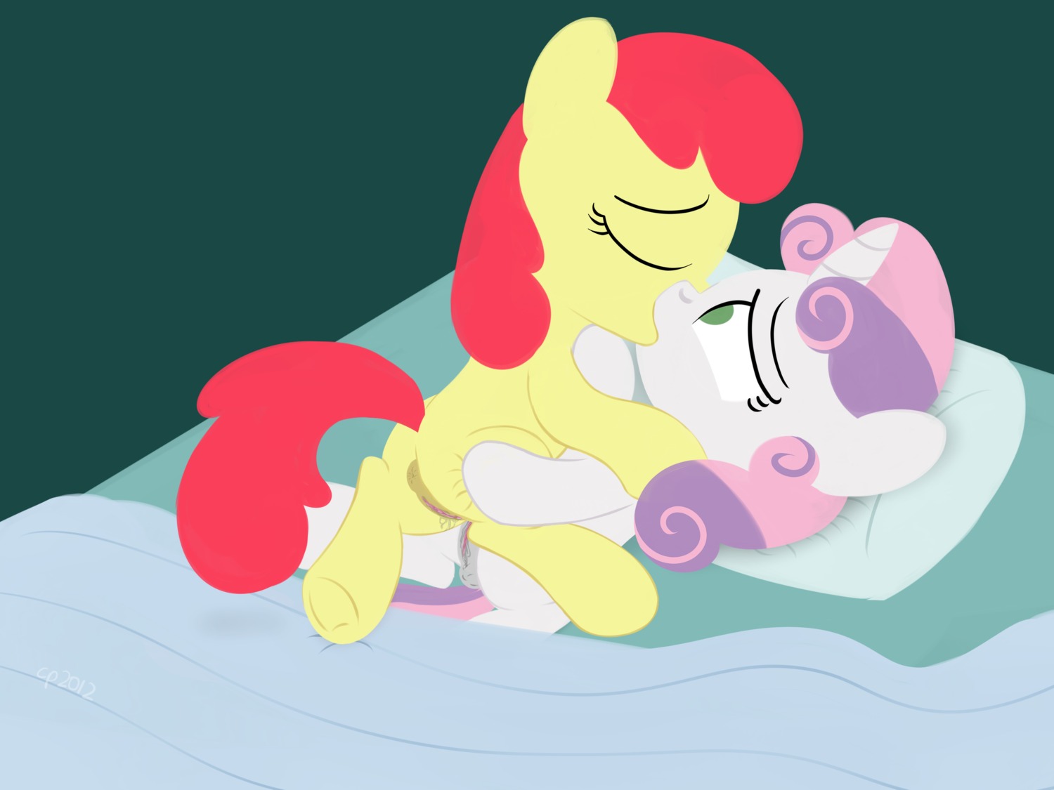 2012 4:3 absurd_res anus apple_bloom_(mlp) bed bodily_fluids digital_media_(artwork) dtcx97 duo e621 earth_pony equid equine eyes_closed female female/female feral friendship_is_magic furniture genital_fluids genitals green_eyes hair hasbro hi_res horn horse kiss_on_lips kissing kissing_with_both_sets_of_lips mammal multicolored_hair my_little_pony mythological_creature mythological_equine mythology pillow pink_hair pony puffy_anus purple_hair pussy_stacking red_hair red_tail sex sweetie_belle_(mlp) tail tribadism two_tone_hair unicorn vaginal vaginal_fluids vulva white_body yellow_body young young_feral young_on_young