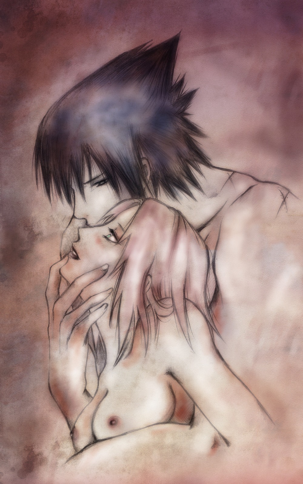 1boy 1girls behind breasts delia88 female highres hug hug_from_behind human light-skinned_female light-skinned_male light_skin male naruto naruto_(series) nude rule34 sakura_haruno sasuke_uchiha straight