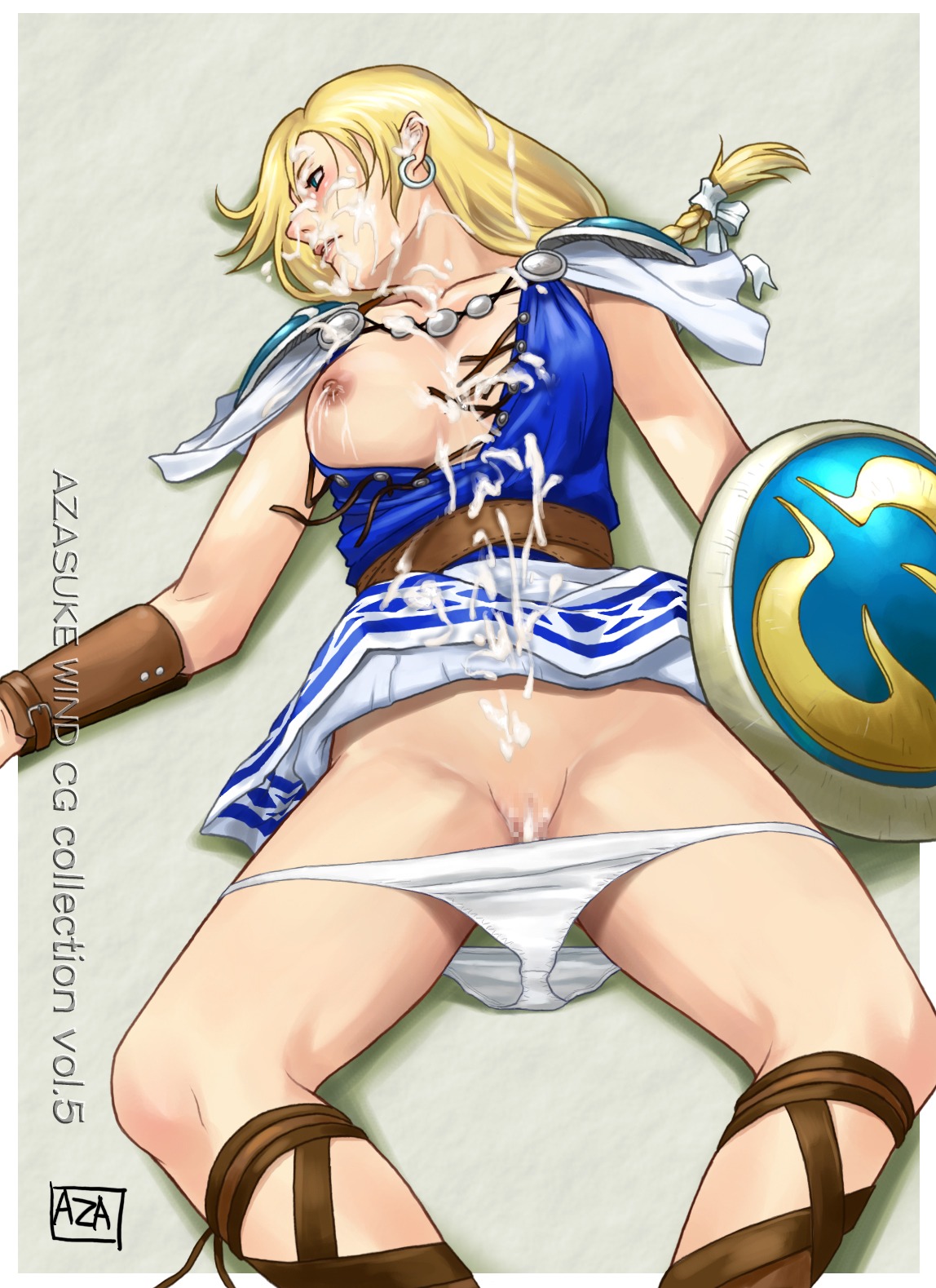 azasuke blonde_hair braid breasts censored clothes defeated earrings female female_only highres human jewelry milf rape ribbon rule34 shield solo sophitia_alexandra soul_calibur torn_clothes
