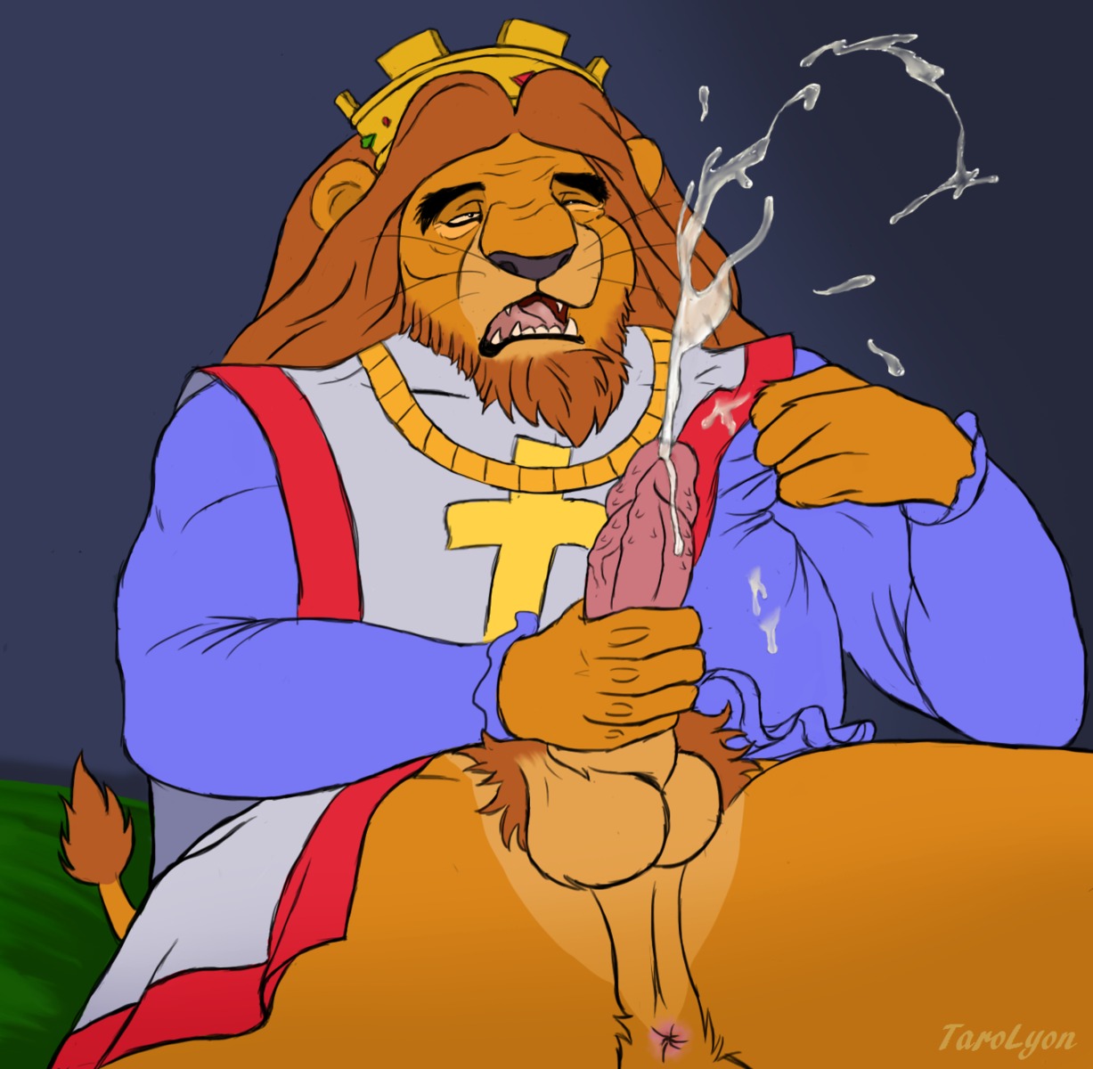anthro anus balls beard biceps big_penis bodily_fluids bottomless clothed clothing crown cum cumshot disney e621 ejaculation erection facial_hair felid genital_fluids genitals headgear hi_res king king_richard lion male mammal mane masturbation muscular muscular_anthro muscular_male open_mouth orgasm pantherine penile penile_masturbation penile_spines penis pubes robin_hood_(disney) royalty sharp_teeth solo tarolyon teeth tongue vein