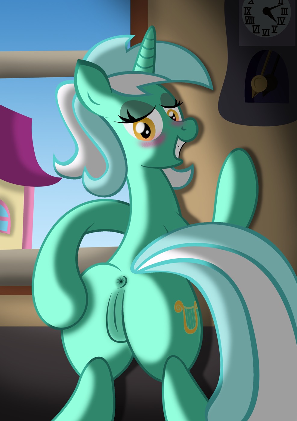 anus blonde_hair blush building butt cutie_mark e621 equid equine female feral friendship_is_magic genitals hair hasbro hi_res horn house looking_back lyra_heartstrings_(mlp) mammal multicolored_hair my_little_pony mythological_creature mythological_equine mythology solo tail unicorn vulva ziemniax