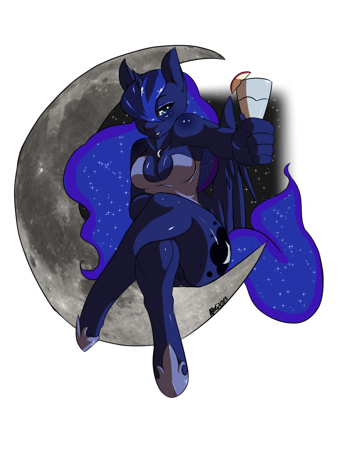 2013 anthro anthrofied apple avante92 biped blue_body blue_eyes blue_feathers blue_hair bottomless breasts butt butt_from_the_front cleavage clothed clothing container crossed_legs cup cutie_mark drinking_glass e621 equid equine eyeshadow feathered_wings feathers female food friendship_is_magic fruit genitals glass glass_container glass_cup hair hasbro hi_res horn jewelry looking_at_viewer low-angle_view makeup mammal moon my_little_pony mythological_creature mythological_equine mythology necklace night no_underwear plant princess_luna_(mlp) simple_background sitting smile solo sparkles star thick_thighs vulva white_background wide_hipped_anthro wide_hipped_female wide_hips wine_glass winged_unicorn wings