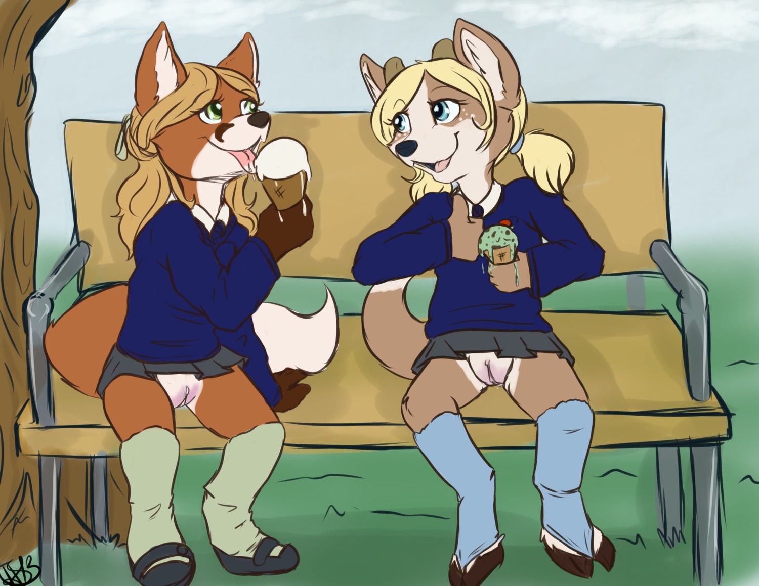 absurd_res accessory anthro bench black_nose blonde_hair blue_eyes bottomwear bow_(feature) bow_accessory bow_ribbon brown_body brown_fur brown_hair brown_nose canid canine clitoris clothed clothing cloud deer dessert duo e621 eye_contact eyebrows eyelashes female food footwear fox fur genitals grass green_eyes hagiasophia hair hair_accessory hair_bow hair_ribbon hairband hi_res hooves horn ice_cream ice_cream_cone legwear licking long_hair looking_at_another mammal mary_janes no_underwear on_bench open_mouth outside park plant red_body red_fur ribbons school_uniform shoes sitting skirt sky socks spread_legs spreading stockings tongue tongue_out tree uniform voyeur vulva white_body white_fur young young_anthro