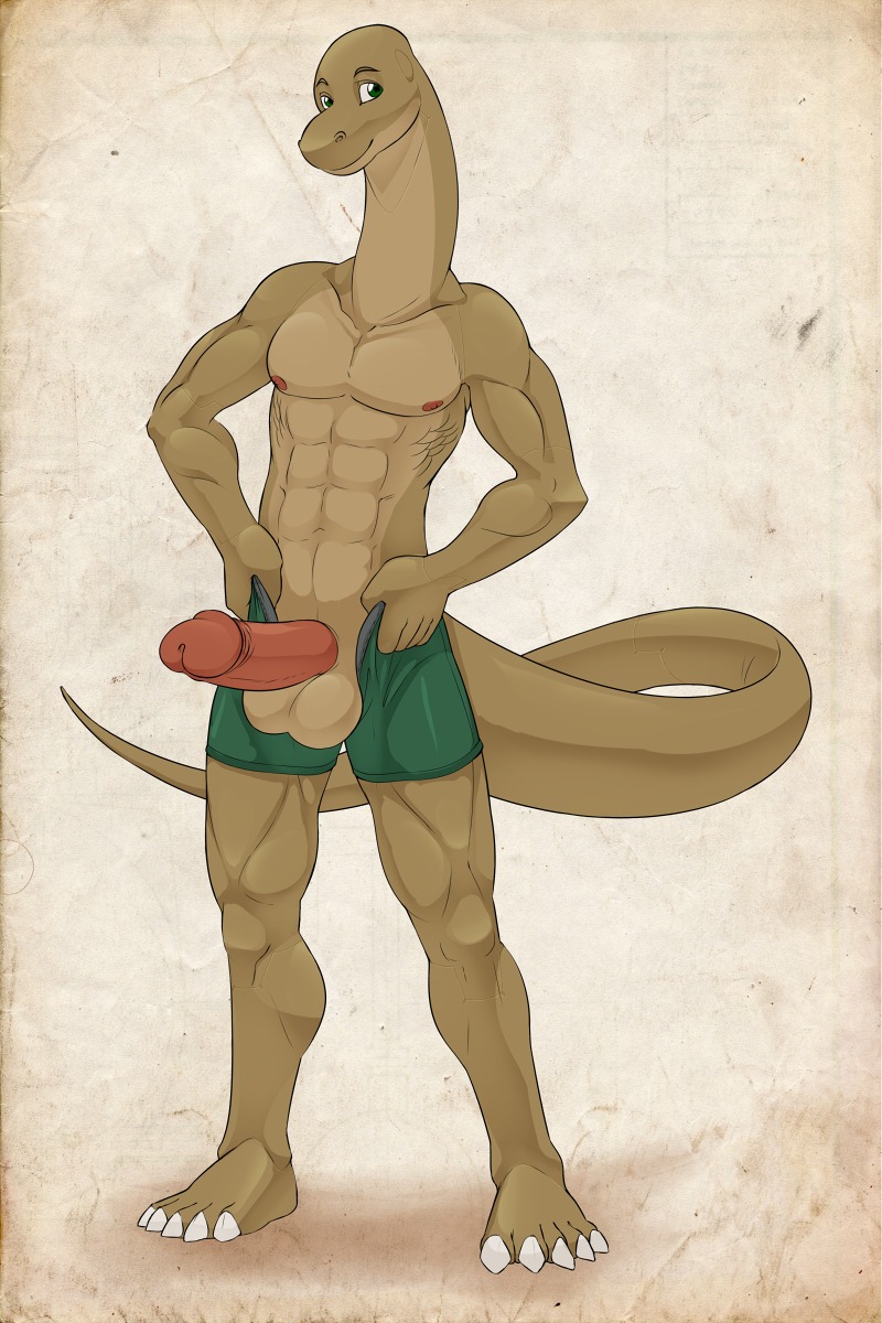 2013 2:3 abs abstract_background animal_genitalia anthro athletic bald balls biceps big_balls big_penis biped bottomwear brown_body brown_skin claws clothed clothing comfycushion dinosaur e621 erection flashing genital_slit genitals green_eyes grin hi_res humanoid_genitalia humanoid_penis looking_at_viewer male mr._gigan_(lurdanjo) muscular muscular_anthro nipples pecs penis pose prehistoric_species presenting reptile saurischian sauropod sauropodomorph scales scalie shorts simple_background smile solo standing tail toe_claws topless