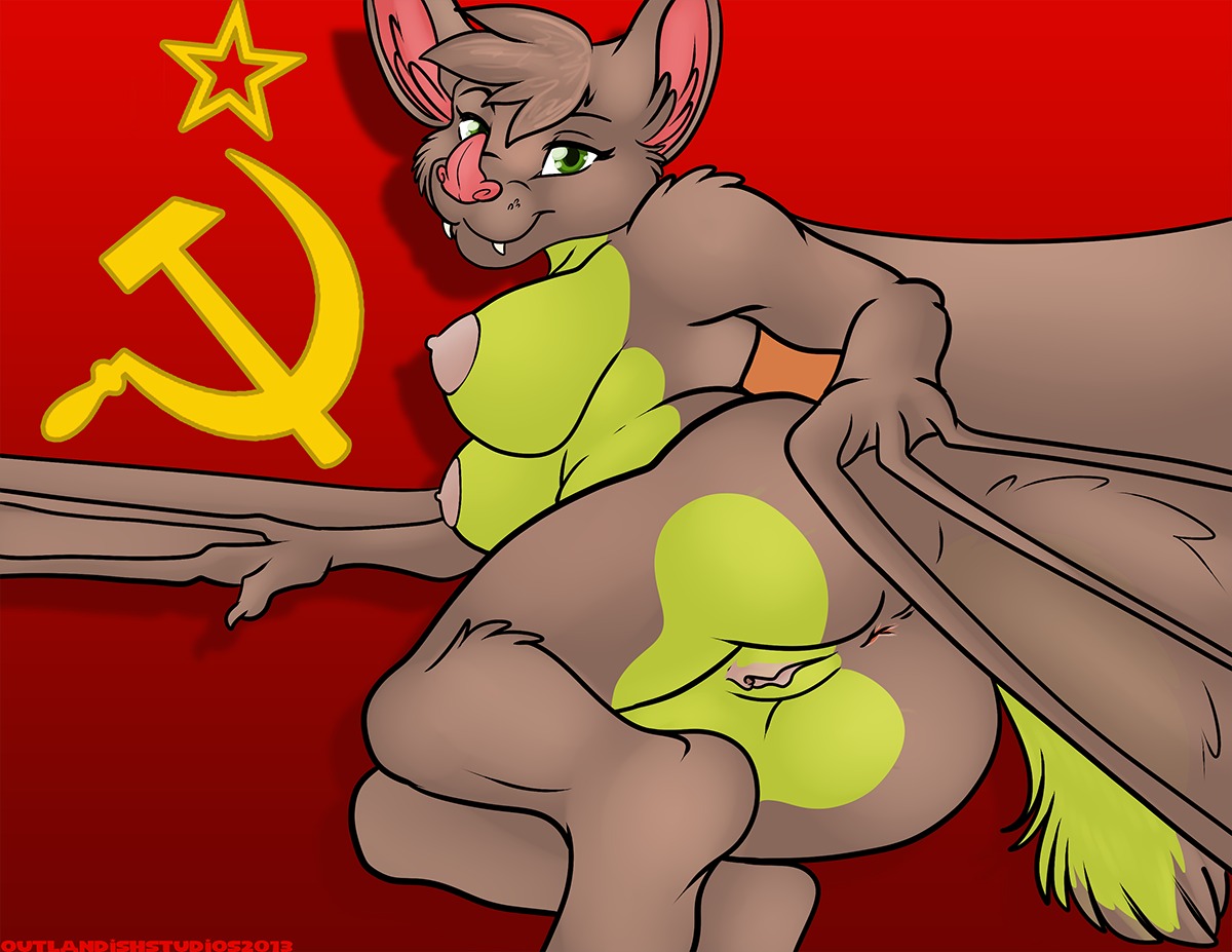 anthro anus bat big_breasts breasts butt communism e621 fangs female flag genitals hammer_and_sickle inviting looking_at_viewer mammal membrane_(anatomy) membranous_wings nipples nude outlandish_studios pinup politics pose presenting presenting_hindquarters realistic_wings russia russian seductive solo soviet_flag soviet_union teeth vulva wings