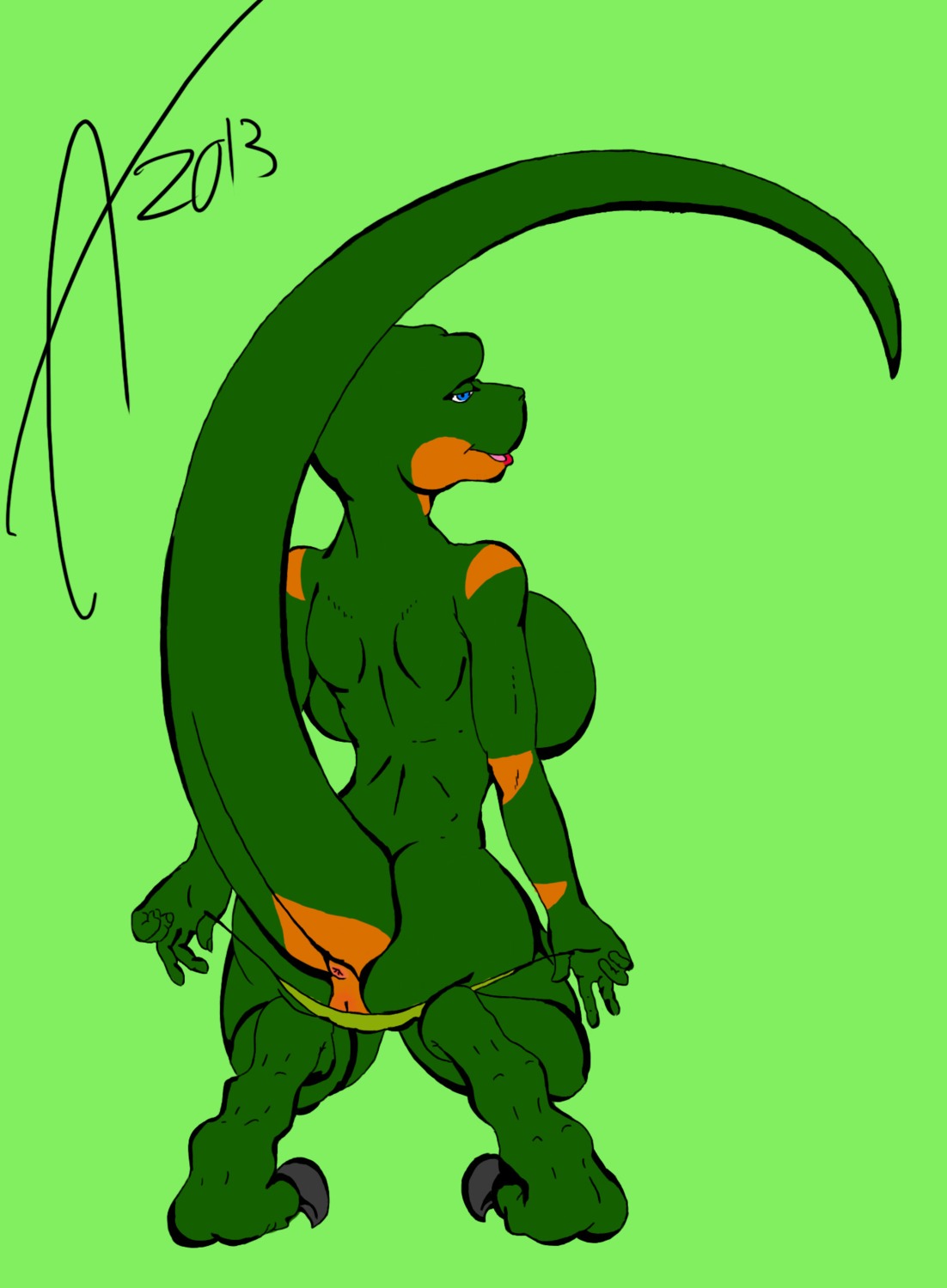 2013 aisha_neavi_(akelyx) akelyx_(artist) anthro anus big_breasts breasts butt clothing dinosaur dromaeosaurid e621 female genitals hi_res huge_breasts non-mammal_breasts prehistoric_species reptile saurischian scalie simple_background solo tail theropod thong underwear velociraptor vulva wide_hips