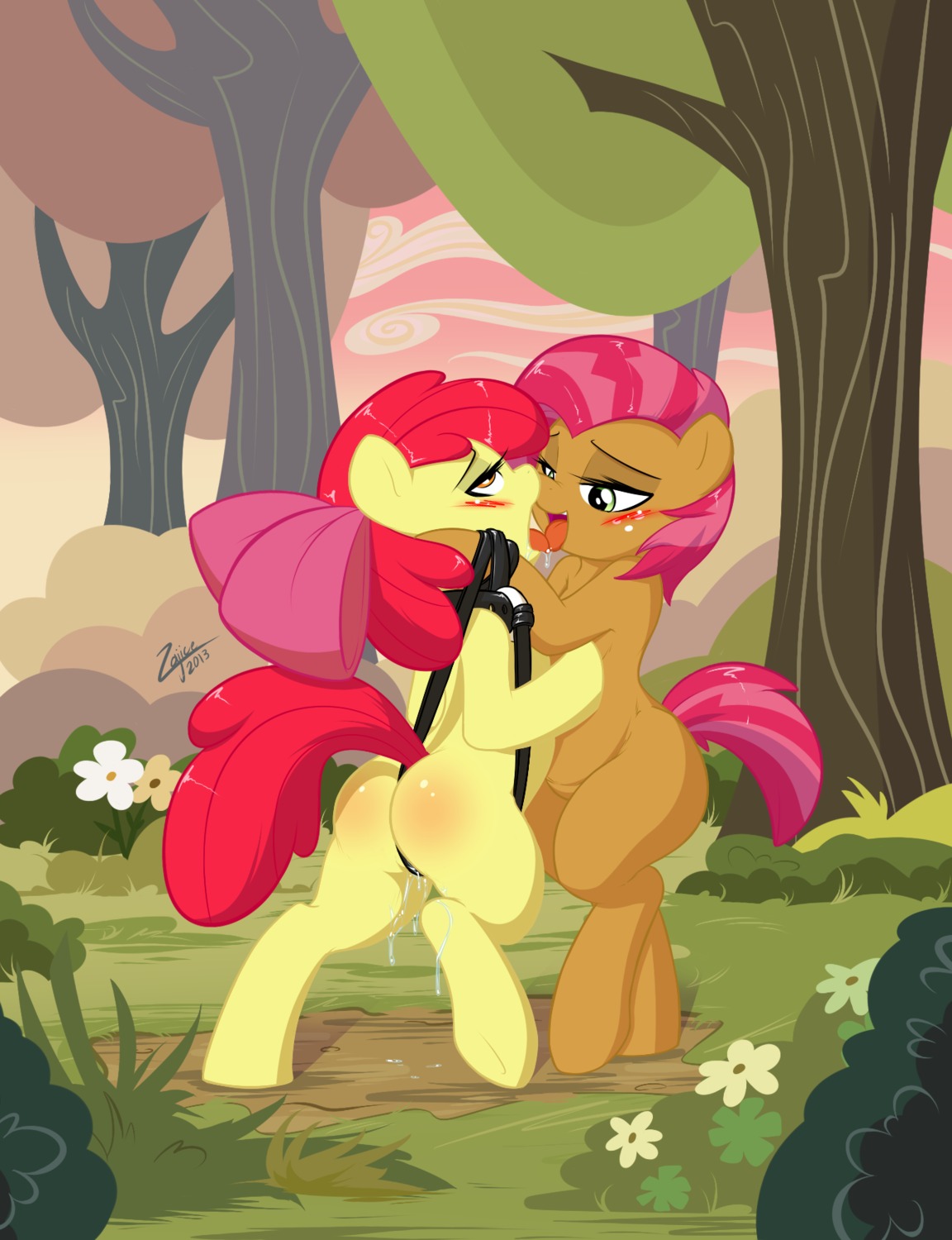 2013 accessory amber_eyes apple_bloom_(mlp) babs_seed_(mlp) blush bodily_fluids bow_(feature) bow_accessory bow_ribbon collar cousins_(lore) dominant dominant_female dripping duo e621 earth_pony equid equine eye_roll female female/female feral feral_on_feral forest freckles french_kissing friendship_is_magic fucked_silly genital_fluids green_eyes hair hair_accessory hair_bow hair_ribbon half-closed_eyes harness hasbro hi_res hooves horse incest_(lore) kissing leash mammal messy multicolored_hair my_little_pony narrowed_eyes open_mouth outside plant pony red_hair ribbons saliva signature submissive submissive_female tail tongue tongue_out tree two_tone_hair underhoof vaginal_fluids young young_feral zajice