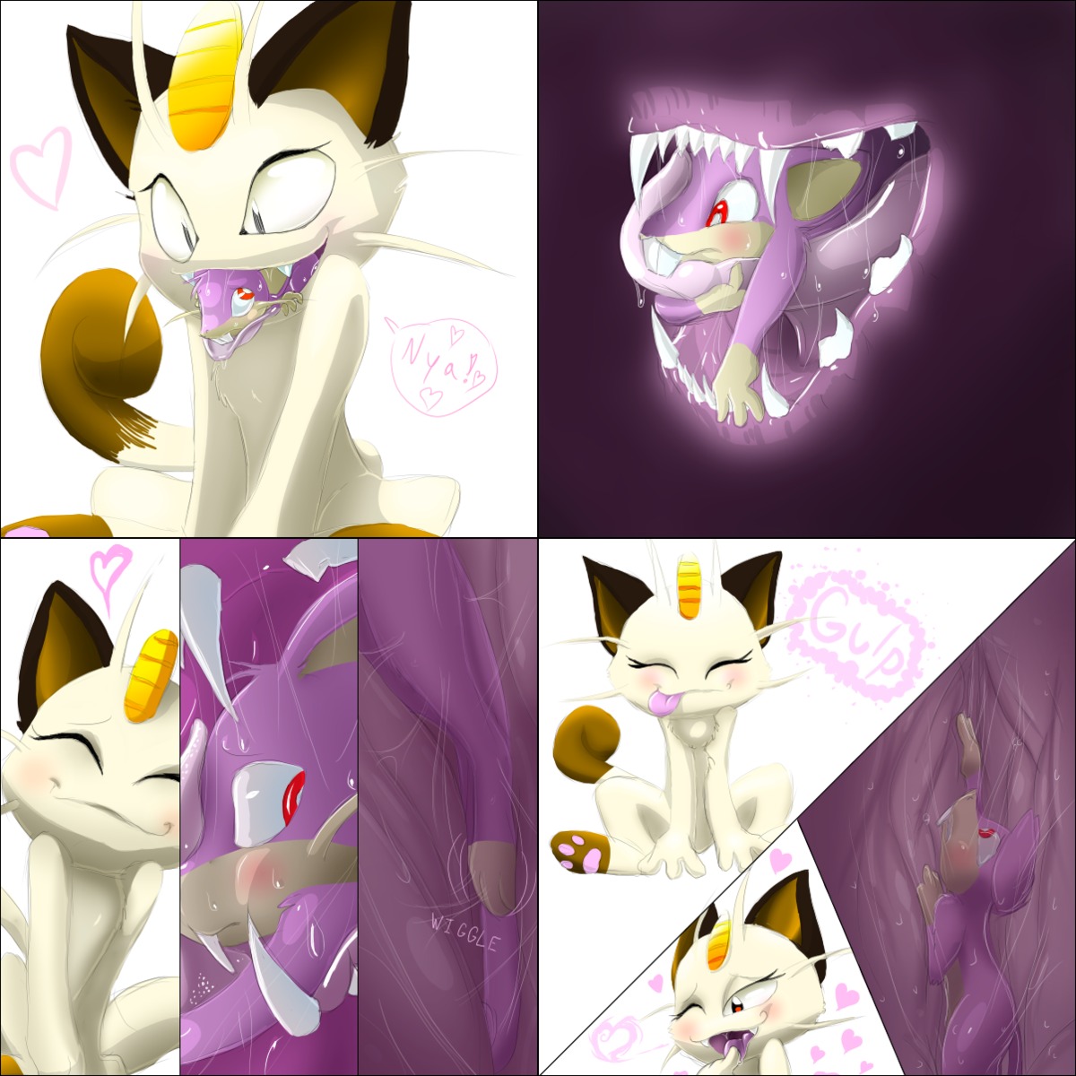 1:1 2010 3_toes black_border blush bodily_fluids border bulge digital_media_(artwork) duo e621 eating eyeofcalamity eyes_closed fan_character fangs feet felid female feral fur generation_1_pokemon grey_eyes heart_symbol hi_res internal mammal meawth meowth nintendo one_eye_closed open_mouth orange_eyes pawpads paws pokemon pokemon_(species) rattata red_eyes rodent saliva sharp_teeth snackers_(rattata) swallowing tail teeth throat toes tongue tongue_out vore whiskers