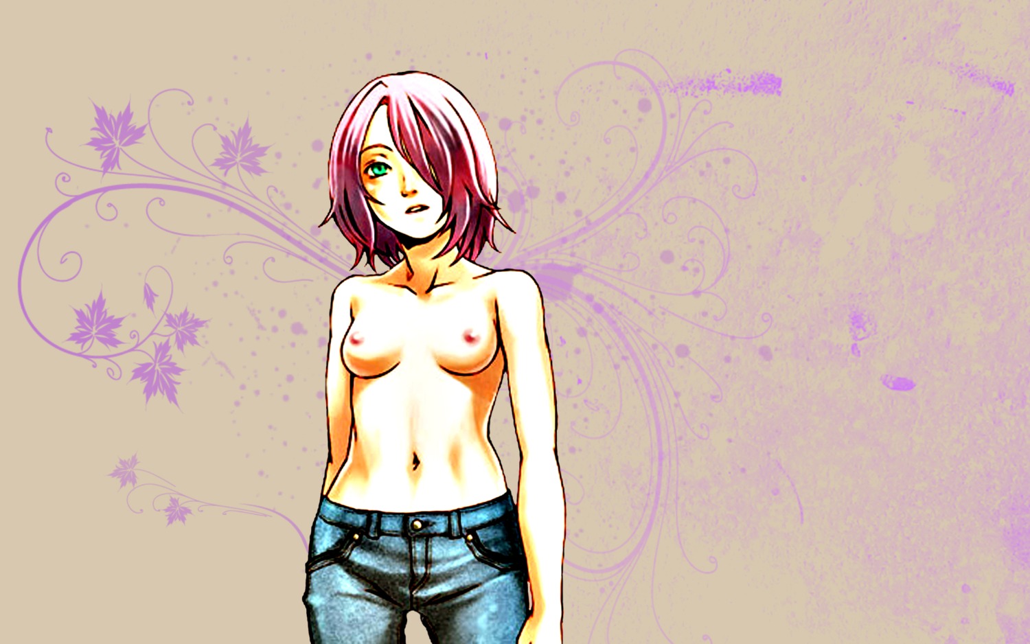 female female_only green_eyes human jeans naruto naruto_(series) oppai pink_hair red_hair rule34 sakura_haruno solo topless topless_female topless_jeans