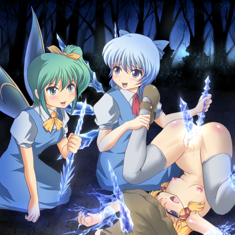 anal blonde_hair blue_eyes blue_hair bondage bow censored cirno daiyousei dress female green_eyes green_hair hairbow hat ice insertion multiple_females multiple_girls nipples nude penetration purple_eyes pussy rule34 shadow short_hair side_ponytail suwako_moriya thighhighs touhou uncensored wancozow when_you_see_it white_legwear wings yuri