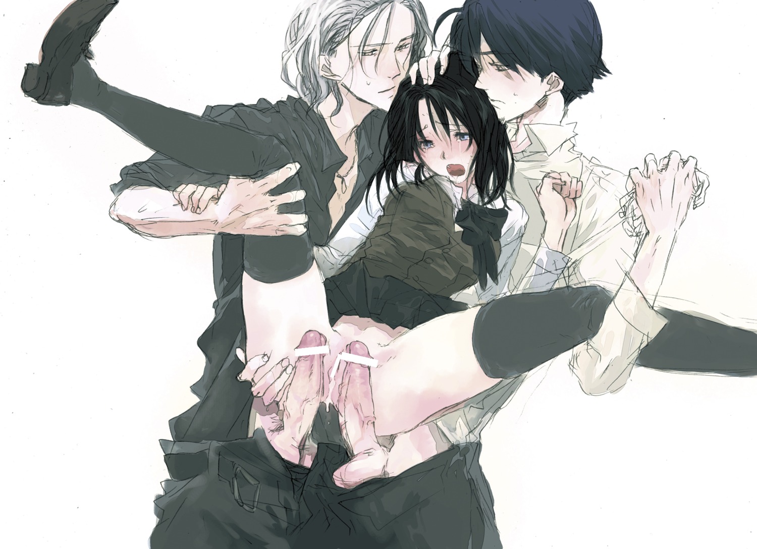 after_sex anus ass ass_grab bar_censor censored clothed_sex copyright_request crotch_rub cum cum_inside endured_face erection female group_sex held_up highres janus male no_panties penis pointless_censoring pussy pussy_juice rule34 saliva school school_uniform schoolgirl skirt_around_belly spread_legs tears thighhighs threesome
