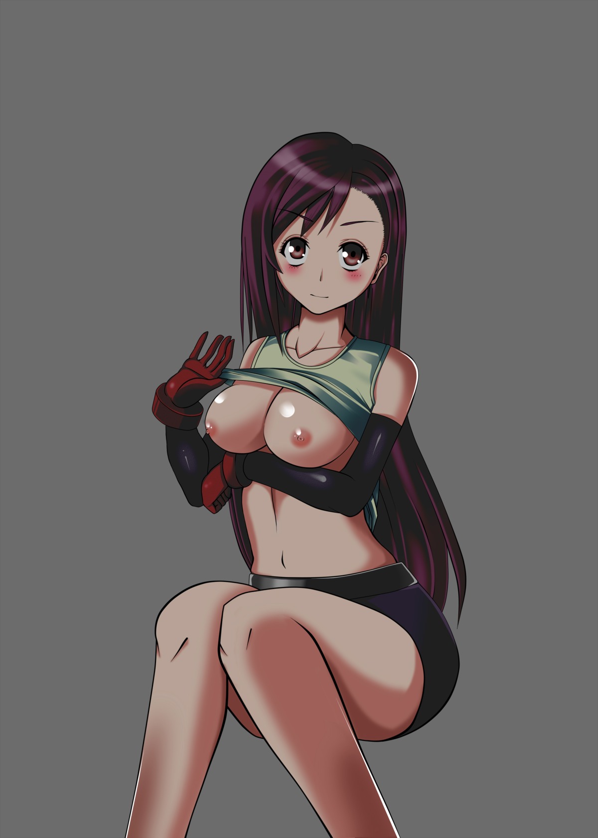 blush breasts brown_eyes brown_hair elbow_gloves female female_only final_fantasy final_fantasy_vii gloves high_resolution human konoto long_hair midriff miniskirt nipples rule34 shirt_lift skirt solo tank_top tifa_lockhart
