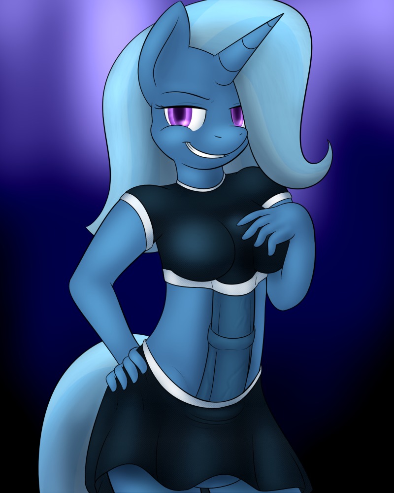 2012 4:5 animal_genitalia animal_penis anthro anthrofied blue_hair blue_theme clothing digital_media_(artwork) e621 equid equine equine_genitalia equine_penis erection erection_under_shirt friendship_is_magic genitals gynomorph hair hasbro horn intersex lamiaaaa looking_at_viewer mammal my_little_pony mythological_creature mythological_equine mythology penis penis_poking_out purple_eyes smile solo tail trixie_(mlp) unicorn