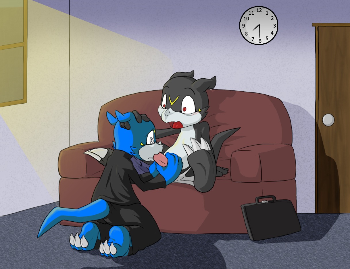 alternate_color anthro bandai_namco blue_body blue_skin bluevmon bottomwear bottomwear_down clothed clothing darkmon_(ryodramon) digimon digimon_(species) duo e621 erection fan_character fellatio furniture genitals hypnosis hypnotic_eyes male male/male male_penetrated male_penetrating male_penetrating_male mind_control oral oral_penetration pants pants_down partially_clothed penetration penile penis red_eyes sex sexymel sofa spiral spiral_eyes surprised tail veemon