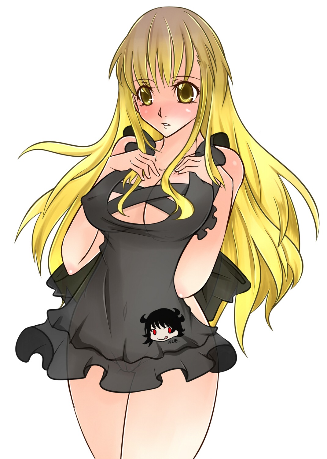1girls aoshima apron black_hair breasts female gradient_hair highres hijiri_byakuren huge_breasts long_hair multicolored_hair naked_apron nue_houjuu pussy red_eyes rule34 see-through short_hair solo touhou uncensored white_background yellow_eyes