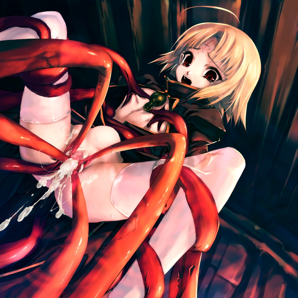 1girls blonde_hair censored cum cum_inside cumdrip female flat_chest highres hitomaru nil-eve open_clothes open_shirt original penetration pussy rape red_eyes rule34 shirt short_hair tears tentacle tentacle_on_female tentacle_rape tentacle_suspension thighhighs vaginal_penetration white_legwear white_thighhighs