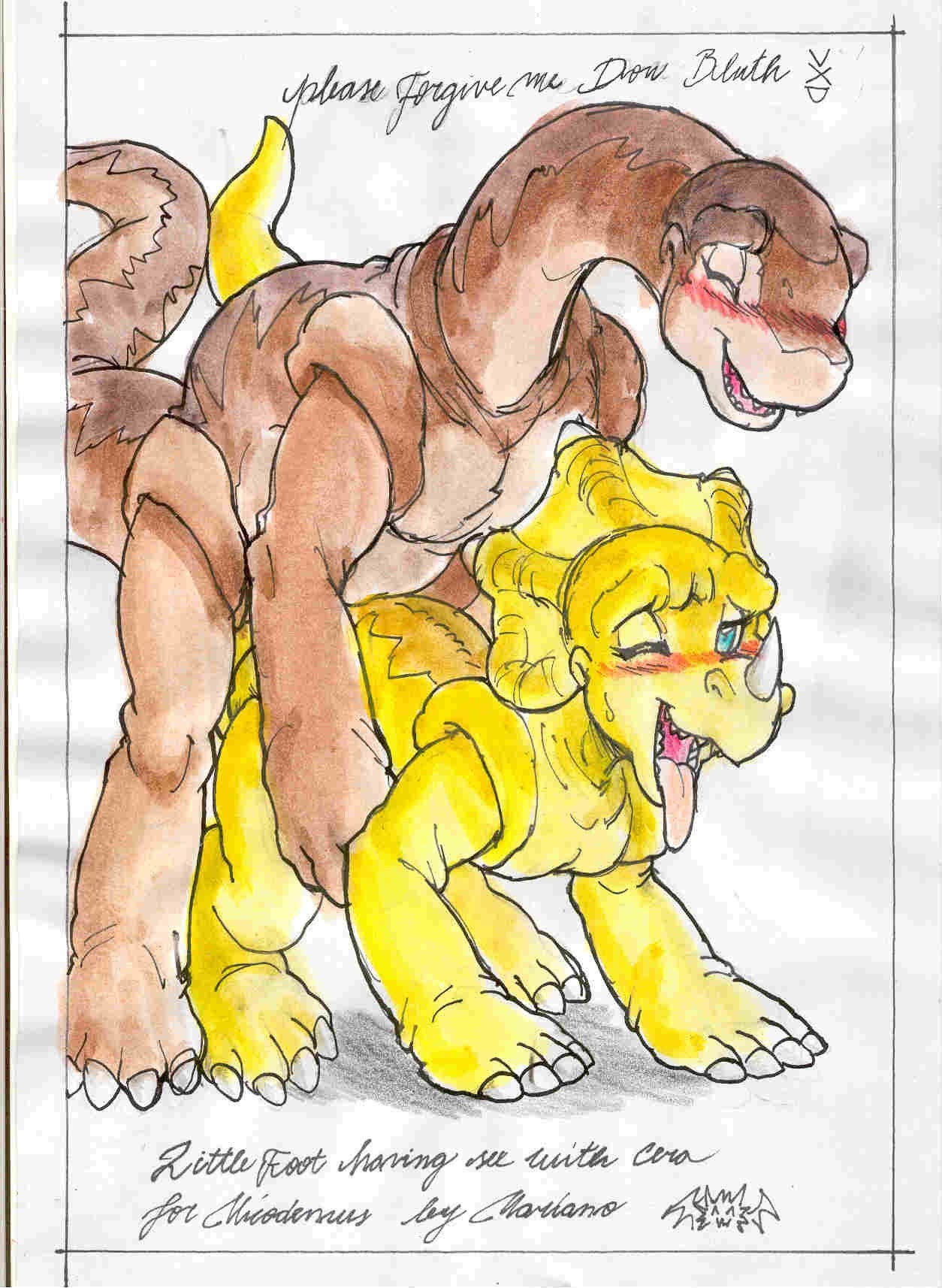 1boy 1girls ahe_gao ambiguous_penetration blush cera cub cub_on_cub dinosaur doggy_style don_bluth duo english_text female feral feral_on_feral littlefoot male mariano one_eye_closed pencil_(artwork) penetration rule34 sex straight text the_land_before_time tongue tongue_out watercolor_(artwork)