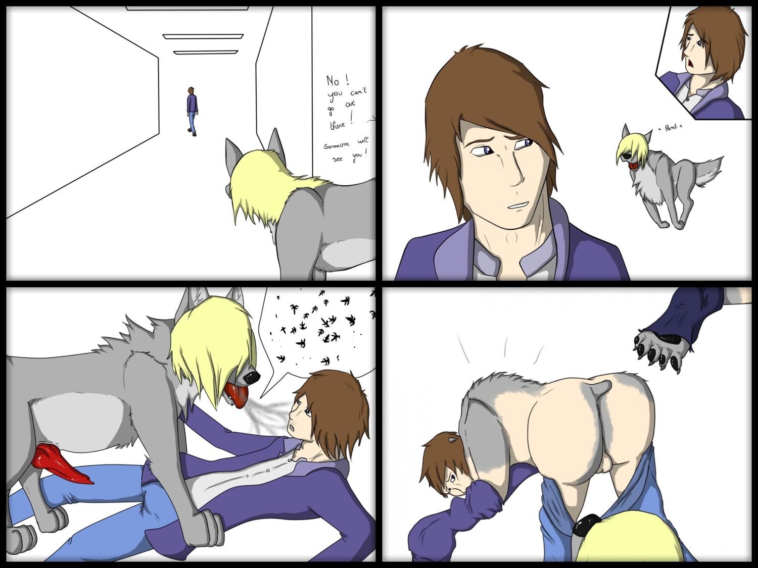 4:3 animal_genitalia animal_penis balls black_border blonde_hair border brown_hair canid canine canine_genitalia canine_penis canis comic dialogue digitigrade duo e621 english_text erection feral foulfrost genitals hair hi_res human knot male male/male mammal multiple_scenes paws penis quadruped tail text tongue transformation wolf