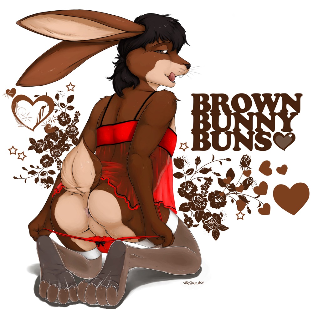 2014 anthro anus art_nouveau backsack balls biped black_hair black_nose brown_body brown_eyes brown_fur bulge butt claws clothed clothing crossdressing curling_toes e621 english_text feet femboy fur genitals hair heart_symbol hindpaw kneeling lagomorph legwear leporid licking licking_lips licking_own_lips looking_at_viewer looking_back male mammal nightgown panties paws perineum presenting presenting_hindquarters rabbit rear_view self_lick short_hair simple_background smile solo stockings text tongue tongue_out truegrave9 underwear whiskers white_background white_body white_fur