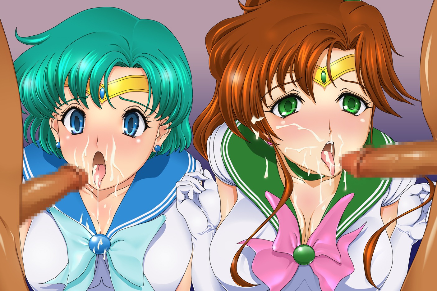 2girls ami_mizuno big_breasts bishoujo_senshi_sailor_moon blue_eyes blue_hair breasts brown_hair brunette censored choker circlet cleavage clothing cum cum_on_face cumshot elbow_gloves female female_focus gloves green_eyes makoto_kino male medium_breasts penis rule34 sailor_jupiter sailor_mercury sonota_taisei tagme tongue tongue_out