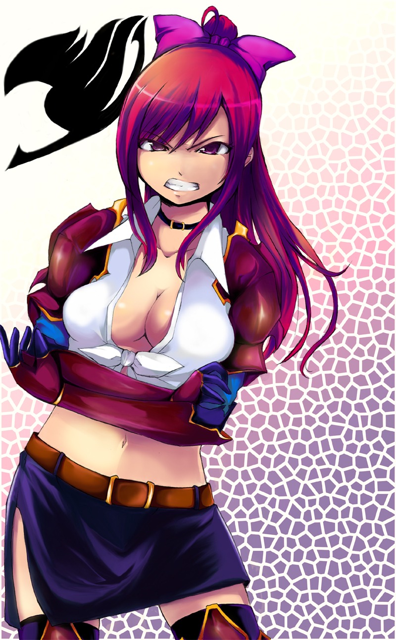 1girls angry cleavage erza_scarlet fairy_tail female female_only pointy_chin red-haired_female red_hair rule34 solo
