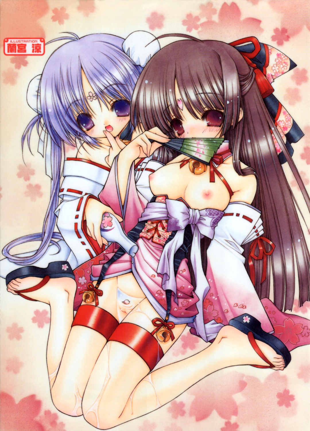 artist_name bow breasts brown_hair character_request copyright_request detached_collar double_bun fan female hairbow high_resolution japanese_clothes kimono leg_garter miko multiple_females multiple_girls nipples nopan okobo open_kimono open_mouth oppai paipan purple_eyes purple_hair pussy pussy_juice ramiya_ryou red_eyes rule34 sake smile source_request uncensored vagina wakamezake