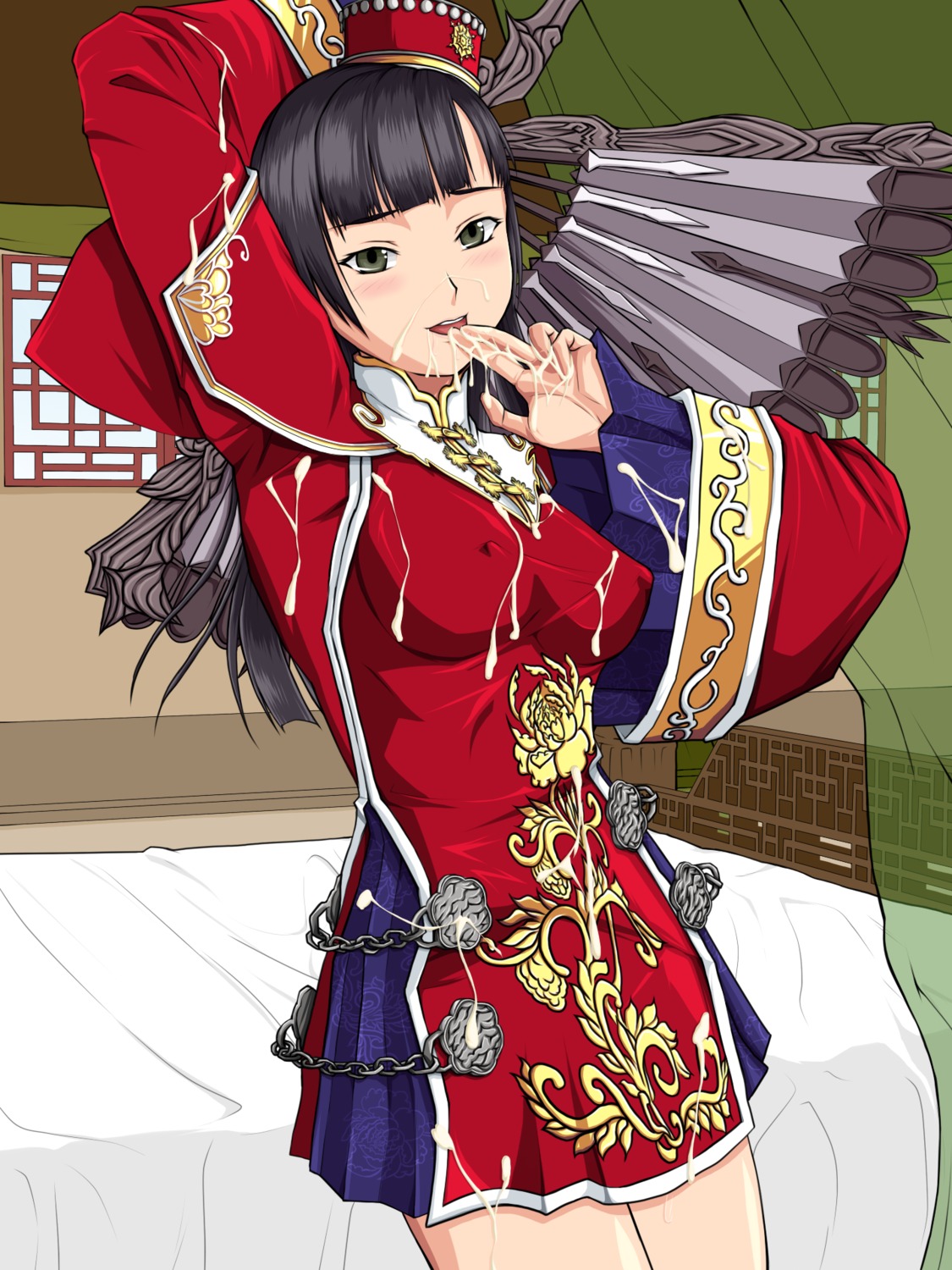 1girls bare_legs bed black_hair blush breasts cum cum_on_body cum_on_clothes cum_on_hand cum_on_upper_body da_qiao erect_nipples facial fan female finger_to_lips fingers_to_mouth green_eyes hat highres knopf_koubou long_hair nipples rule34 shin_sangoku_musou solo standing