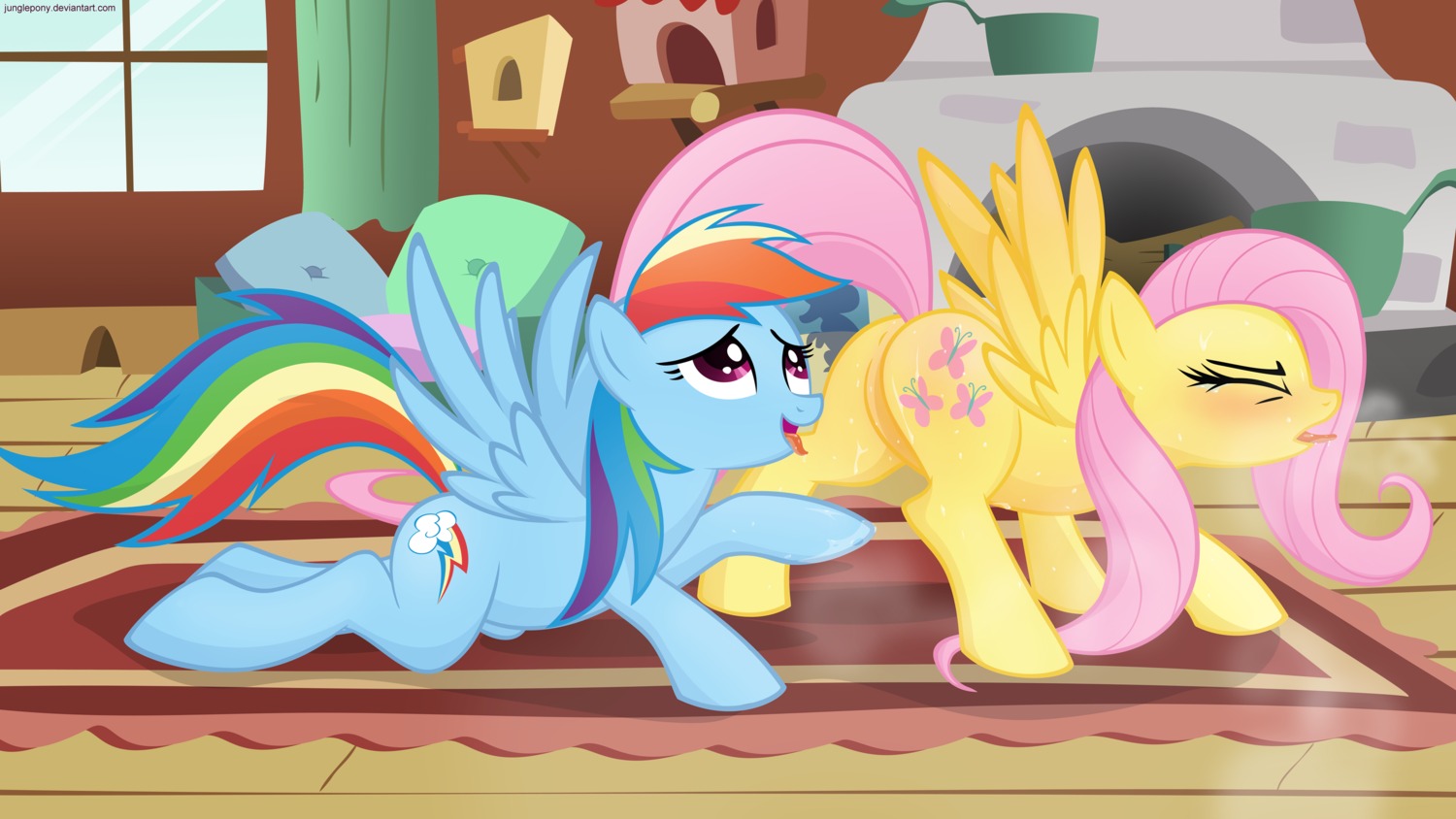 ass_up blue_body blue_feathers blue_fur blush bodily_fluids cutie_mark duo e621 equid equine eyes_closed feathered_wings feathers female female/female feral fluttershy_(mlp) friendship_is_magic fur genital_fluids hair hasbro hi_res junglepony licking mammal multicolored_hair multicolored_tail my_little_pony mythological_creature mythological_equine mythology pegasus pink_hair purple_eyes rainbow_dash_(mlp) rainbow_hair rainbow_tail sweat tail tongue tongue_out vaginal_fluids wing_boner wings yellow_body yellow_feathers