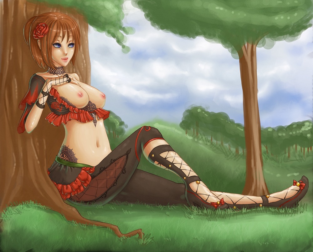 blue_eyes breasts brown_hair choker dancer female final_fantasy final_fantasy_xi hair_flower hair_ornament hume midriff navel nipples outdoors rule34 sienna solo tattoo